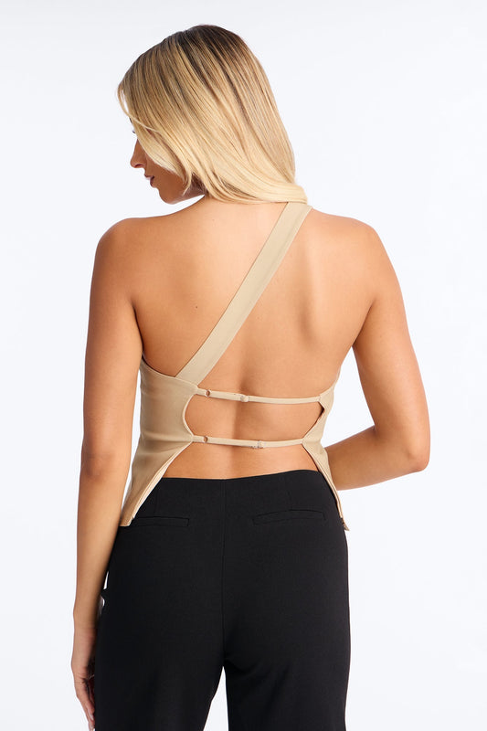 Office Siren One Shoulder Backless Top - Taupe Fashion Nova