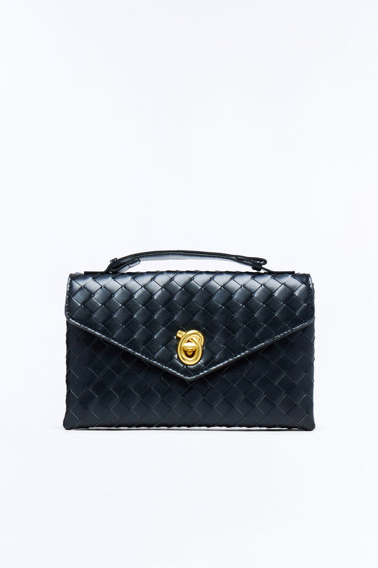 In The Statement Woven Faux Leather Clutch - Black