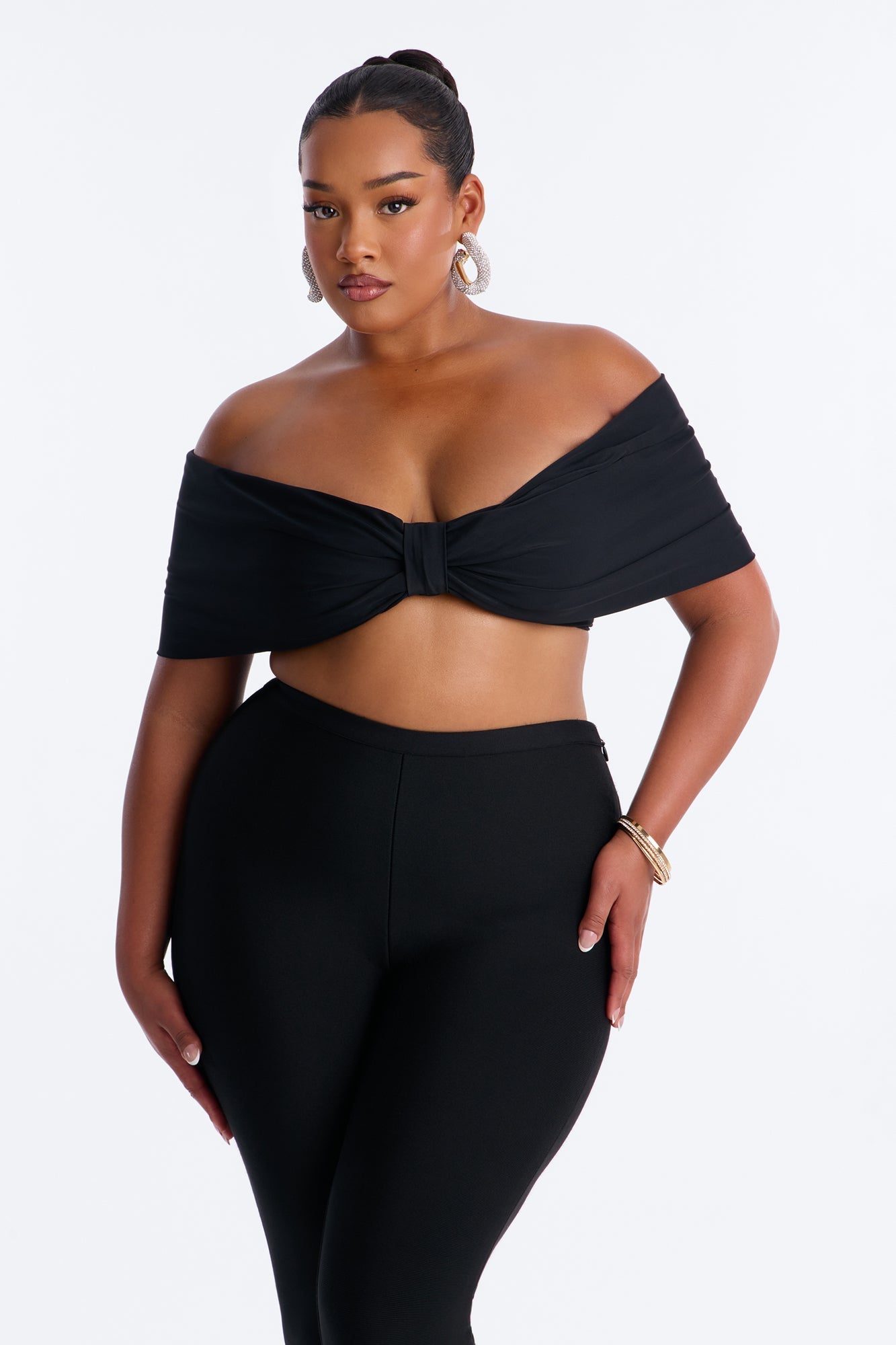 Nina Off Shoulder Ruched Crop Top - Black Fashion Nova