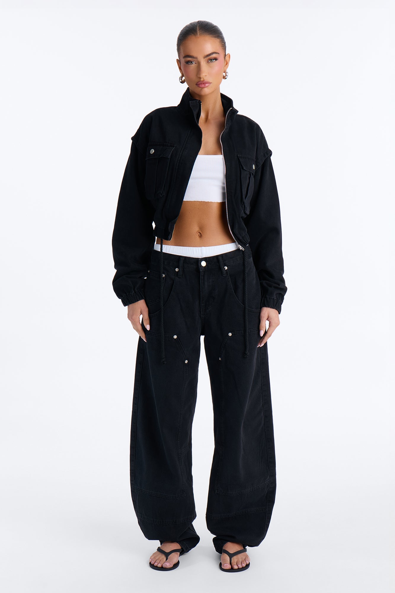 Living On Edge Cropped Denim Bomber Jacket - Black Wash
