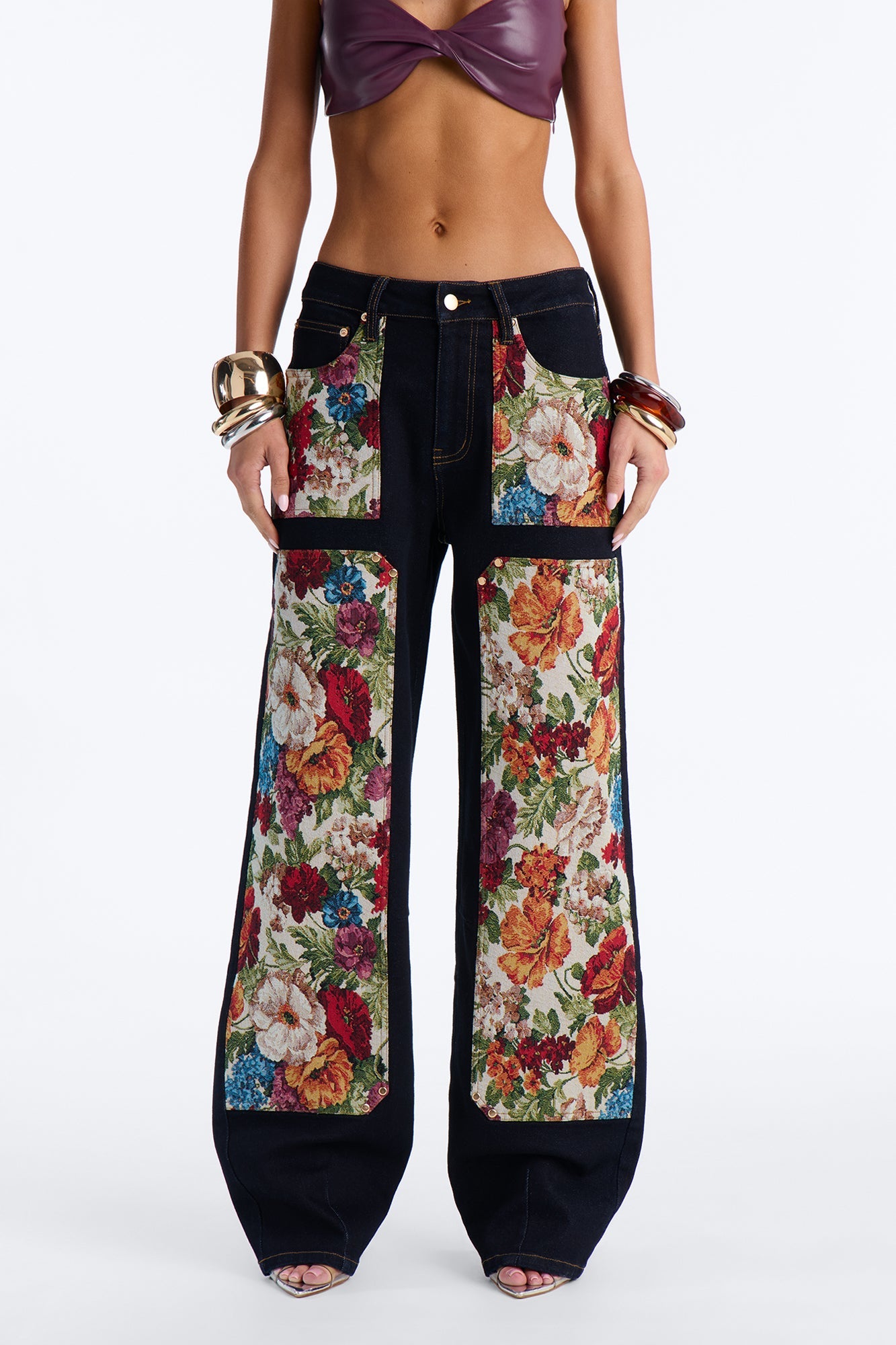Heirloom Bloom Tapestry Utility Straight Leg Jeans - Dark Denim