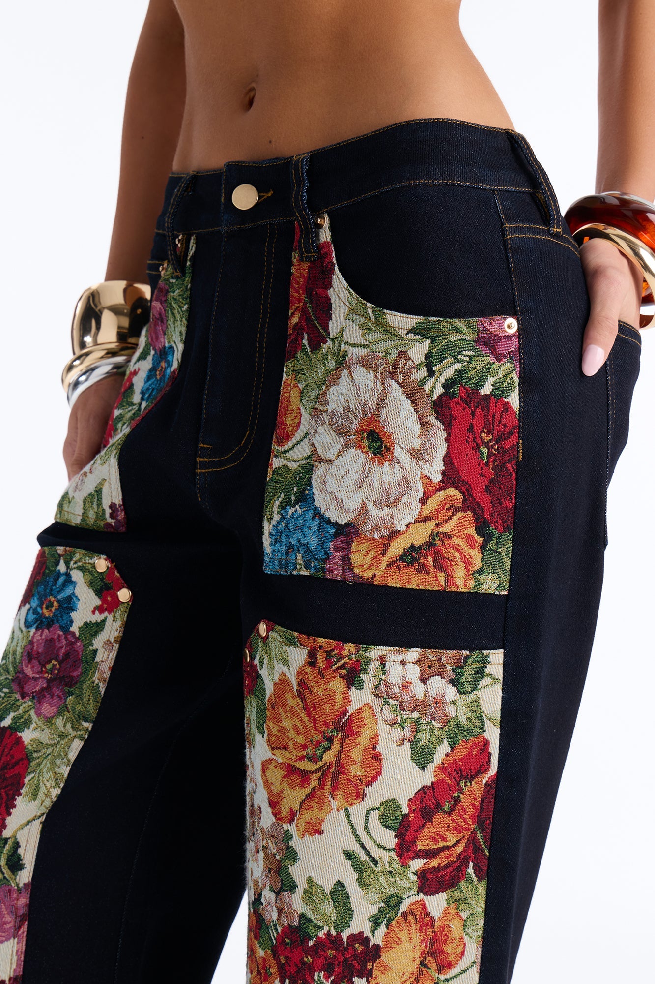 Heirloom Bloom Tapestry Utility Straight Leg Jeans - Dark Denim