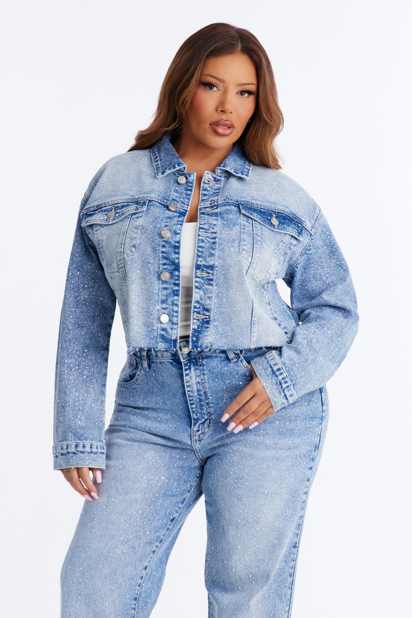 Spotlight Status Rhinestone Denim Pant Set - Light Wash