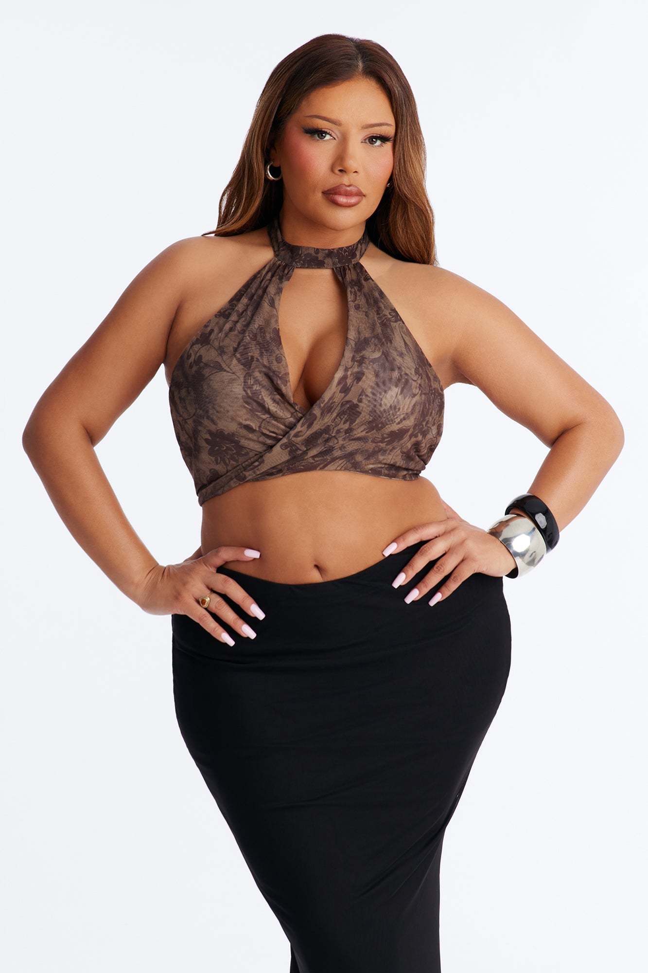 Remember Last Night Cut Out Mesh Hardware Halter Top - Brown/combo Fashion Nova