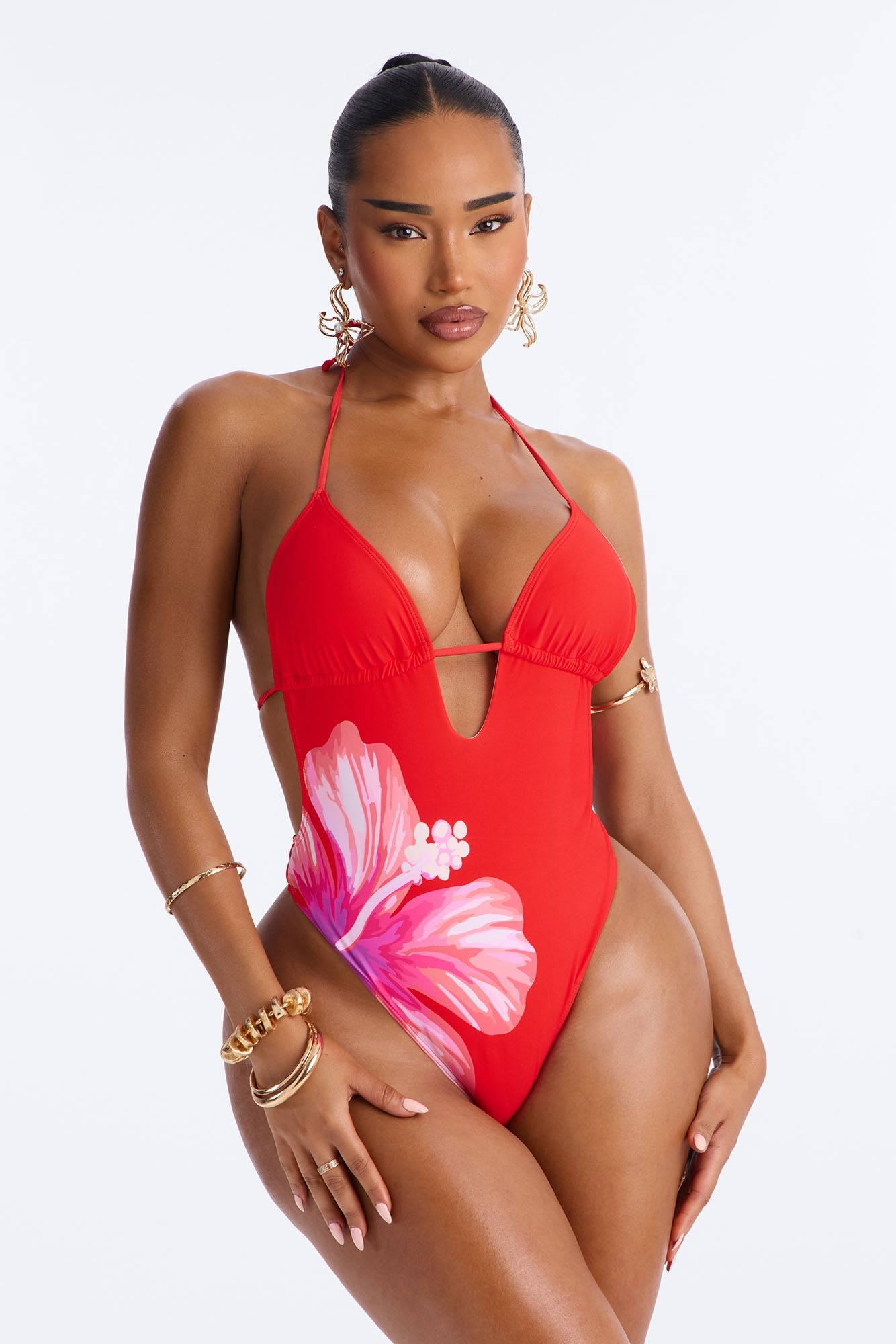 Sunset Florals 1 Piece Swimsuit - Red