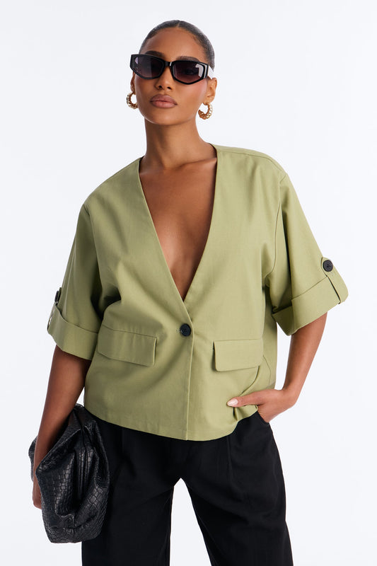 Ready When You Are Cuffed Linen Top - Olive