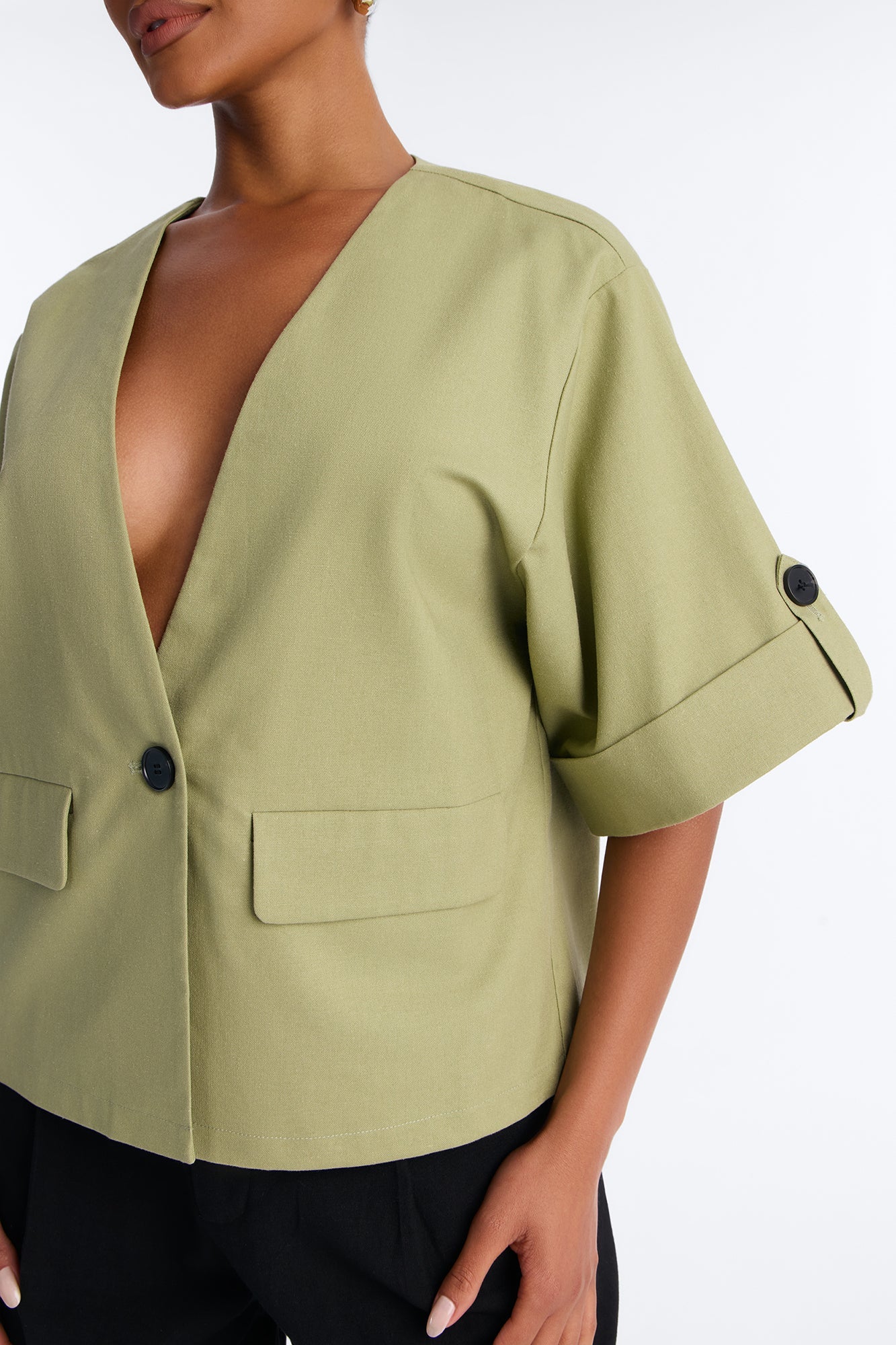 Ready When You Are Cuffed Linen Top - Olive