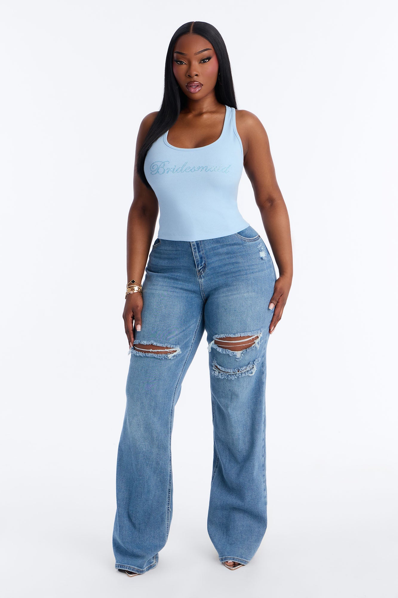 Bridesmaid Rhinestones Ribbed Tank Top - Light Blue