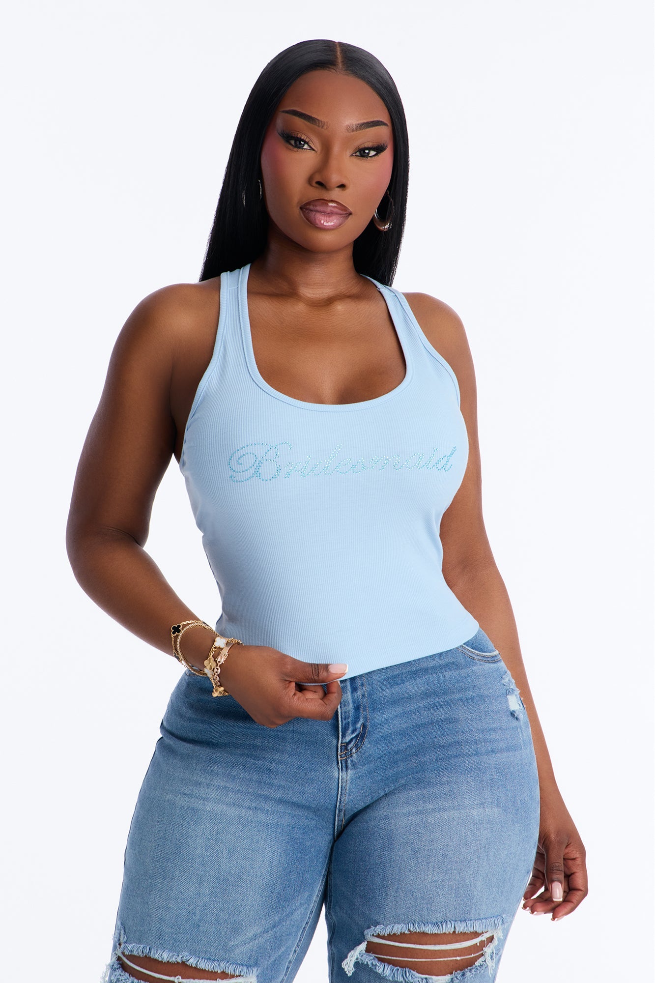 Bridesmaid Rhinestones Ribbed Tank Top - Light Blue
