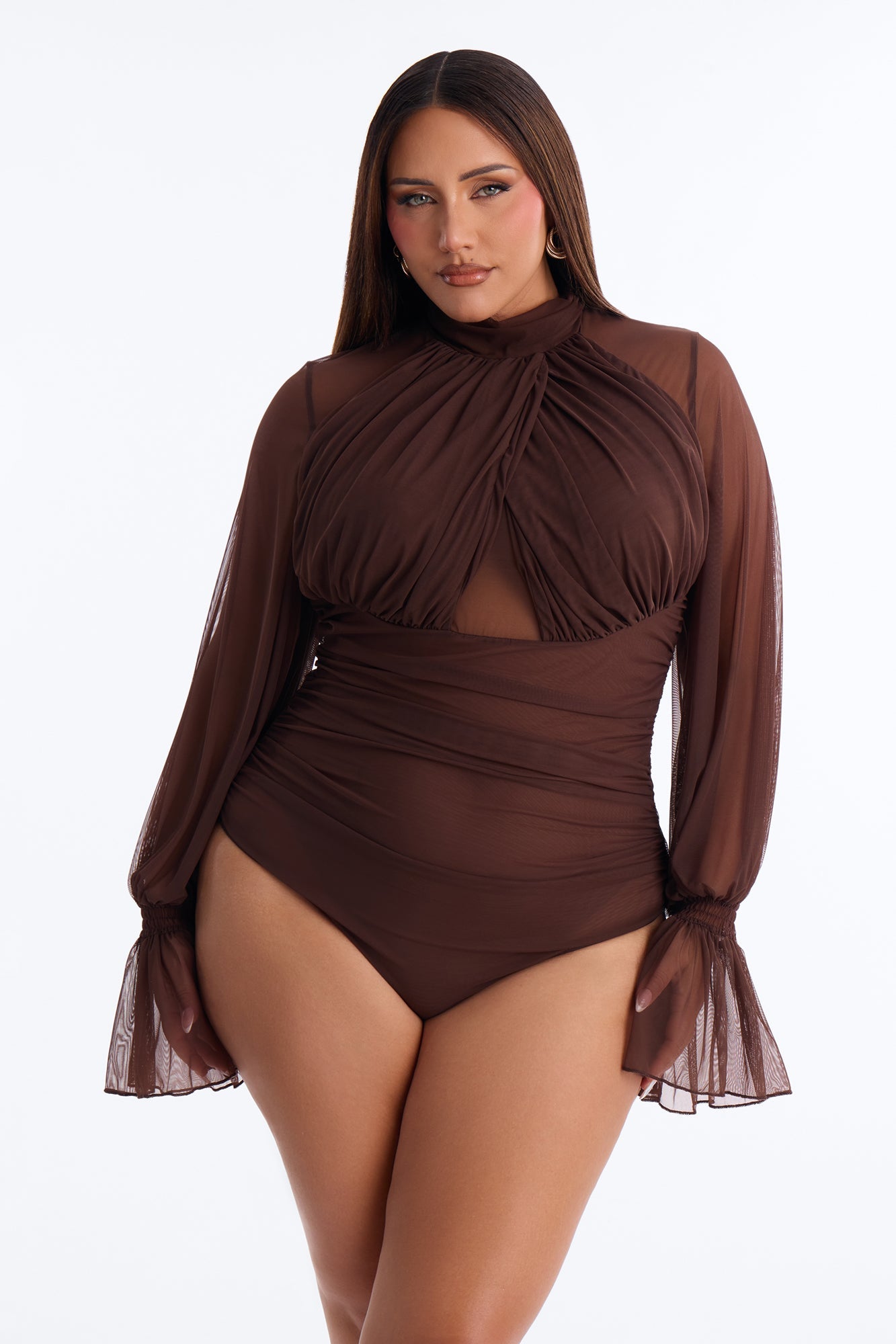 Juliet Ruched Mesh Long Sleeve Bodysuit - Brown
