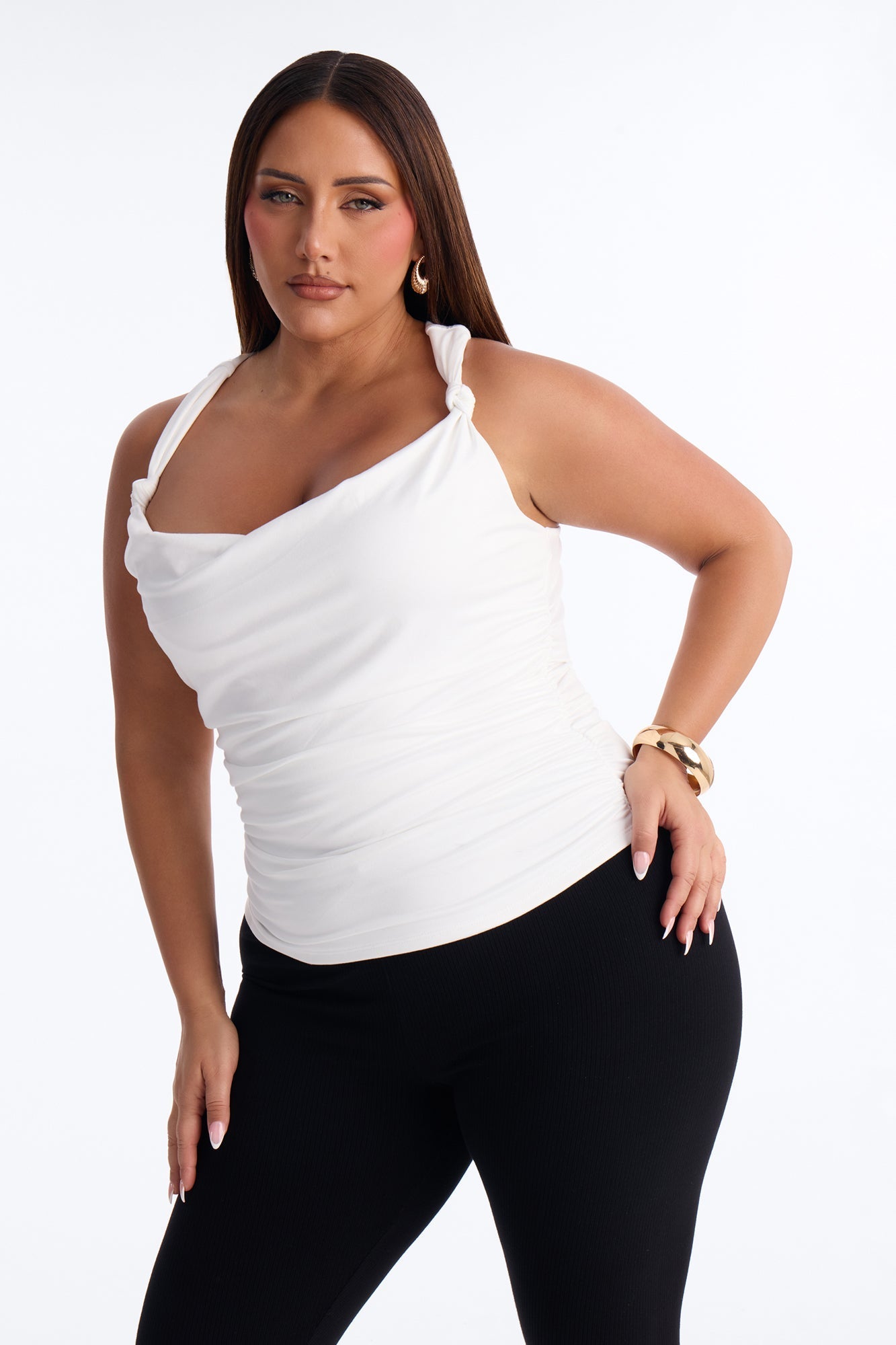 Pretty Persuasion Knot Cowl Neck Ruched Top - White Fashion Nova