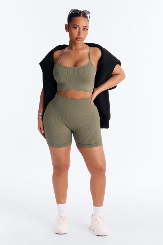 Never Settle Seamless Sports Bra Biker Short Set - Olive