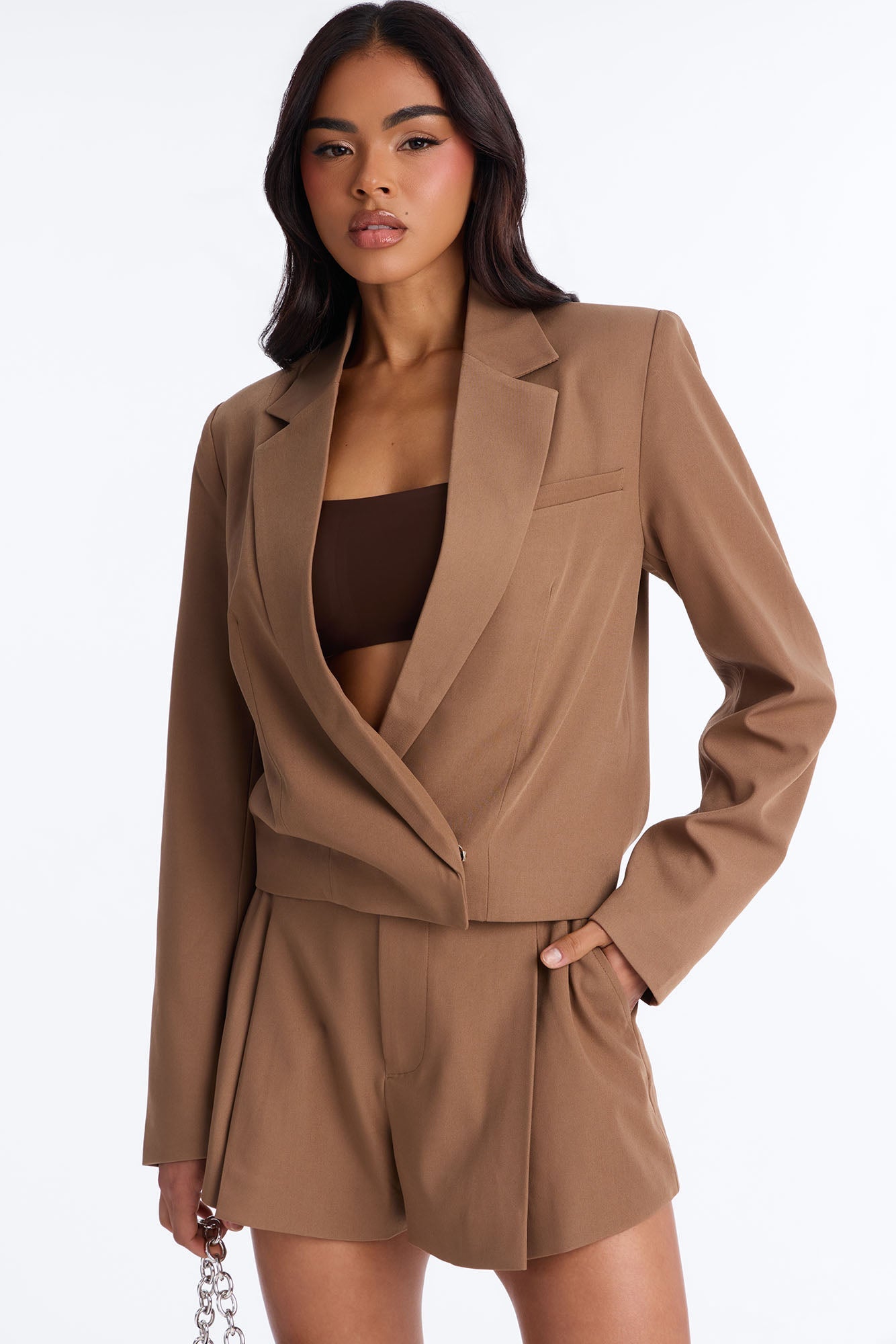 Ready To Work Crepe Cropped Blazer - Brown
