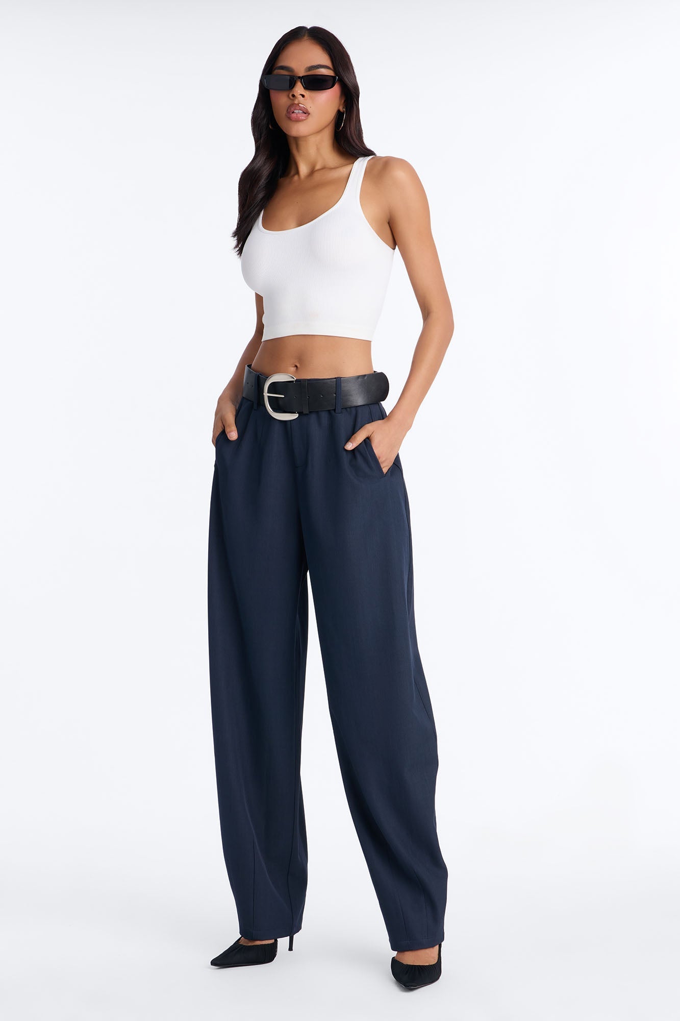 Rebecca Belted Barrel Trouser Pants - Navy