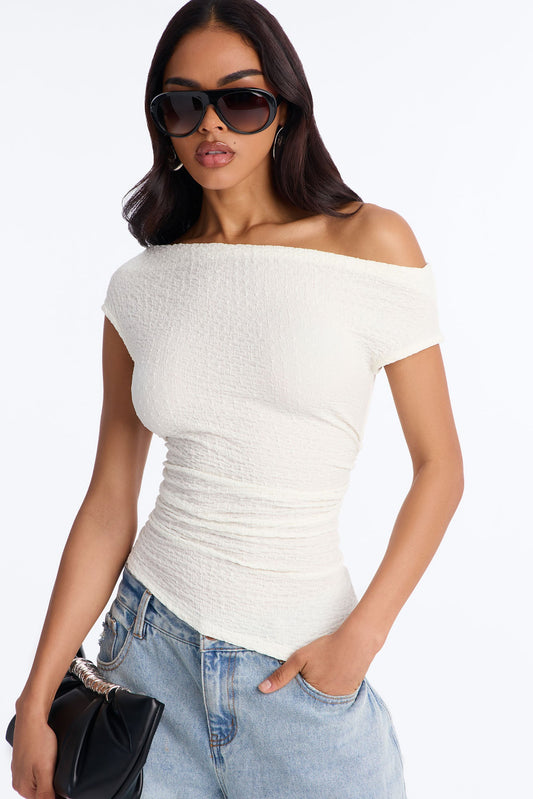 Tropical Tease Textured Off Shoulder Short Sleeve Top - Ivory