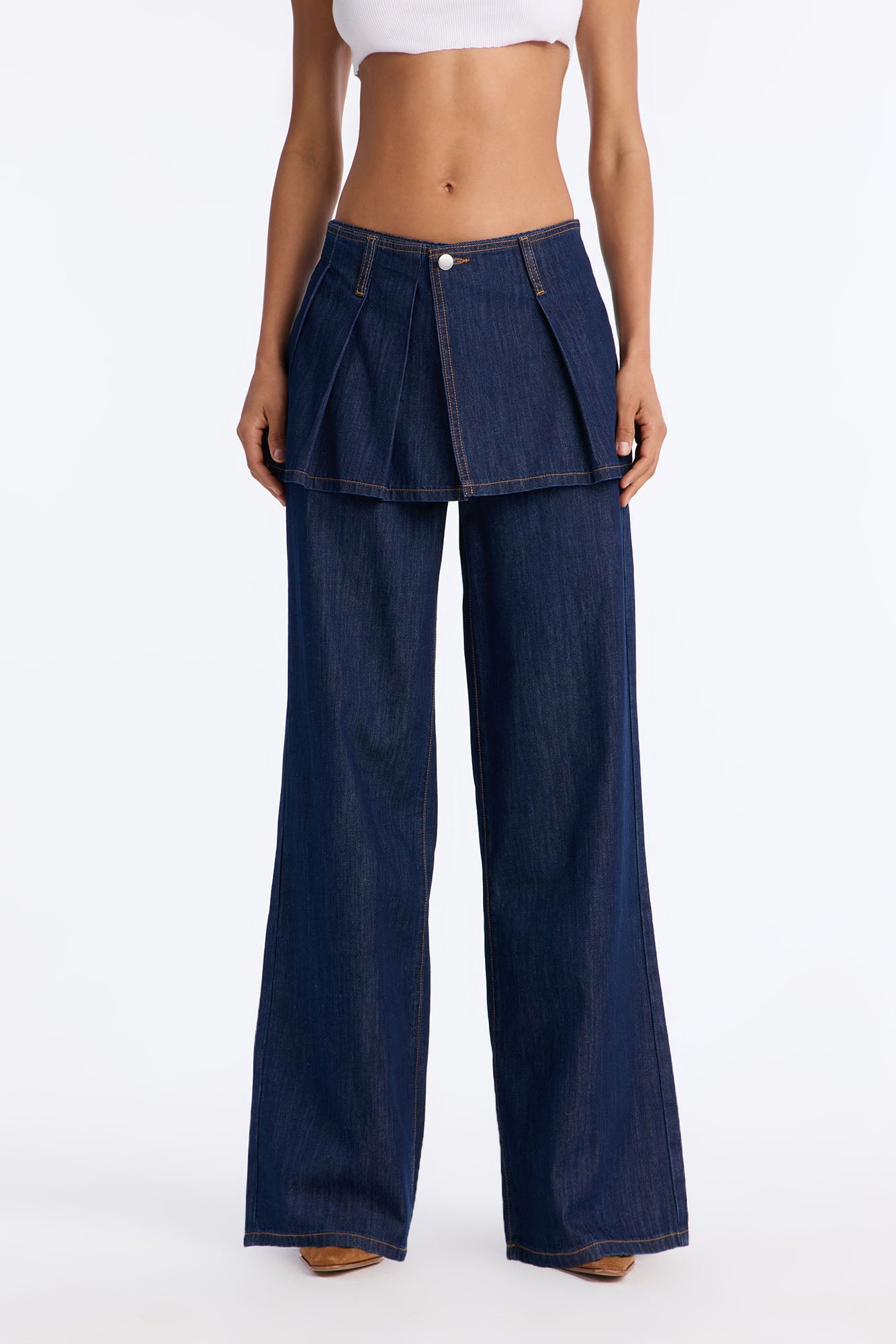 Set The Bar Skirt Overlay Wide Leg Jeans - Dark Wash