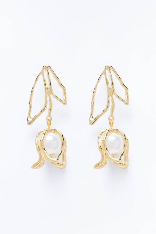 Petal Pearl Drop Earrings - Gold