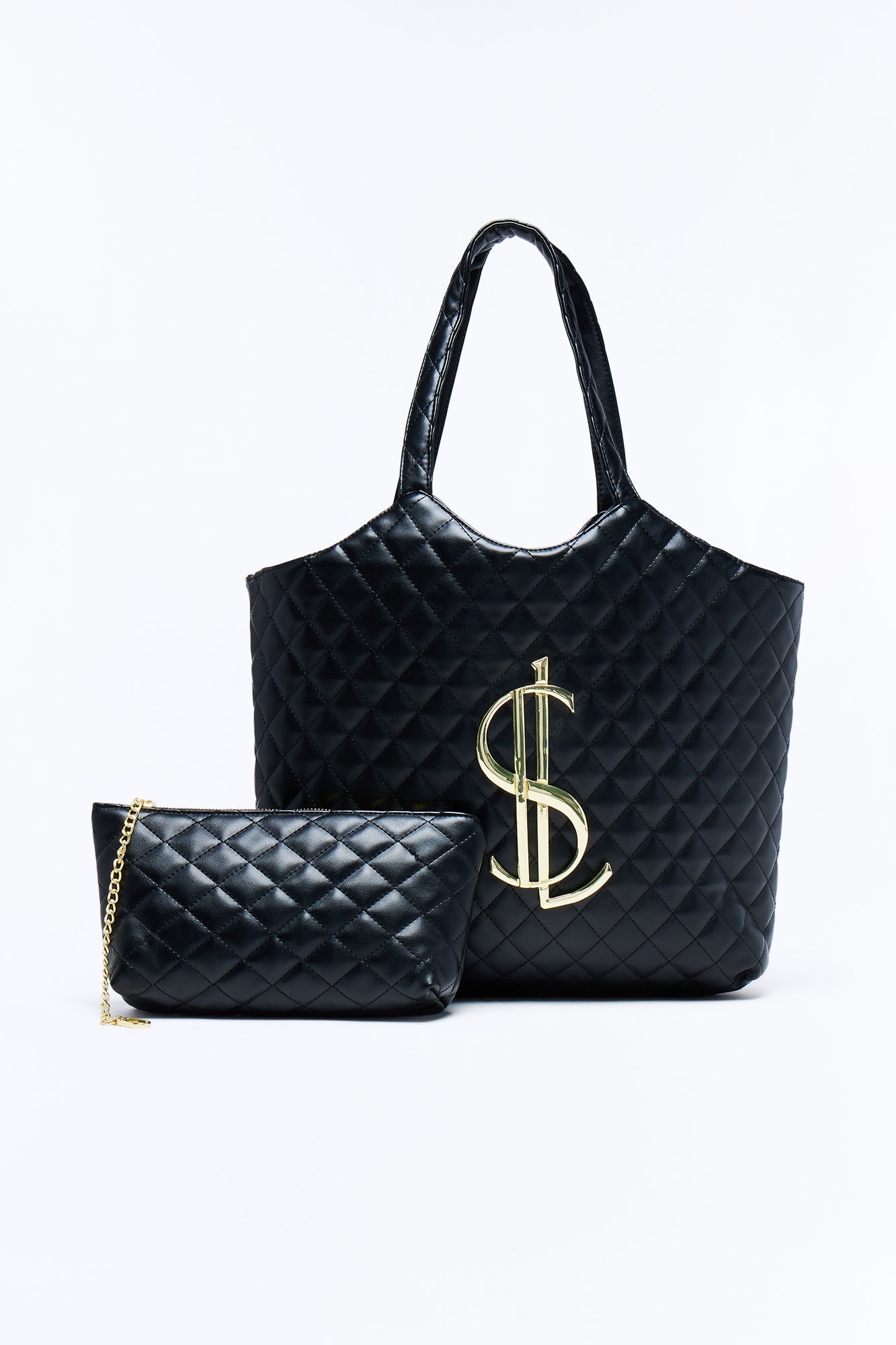 In Big Action Faux Leather Tote And Pouch - Black