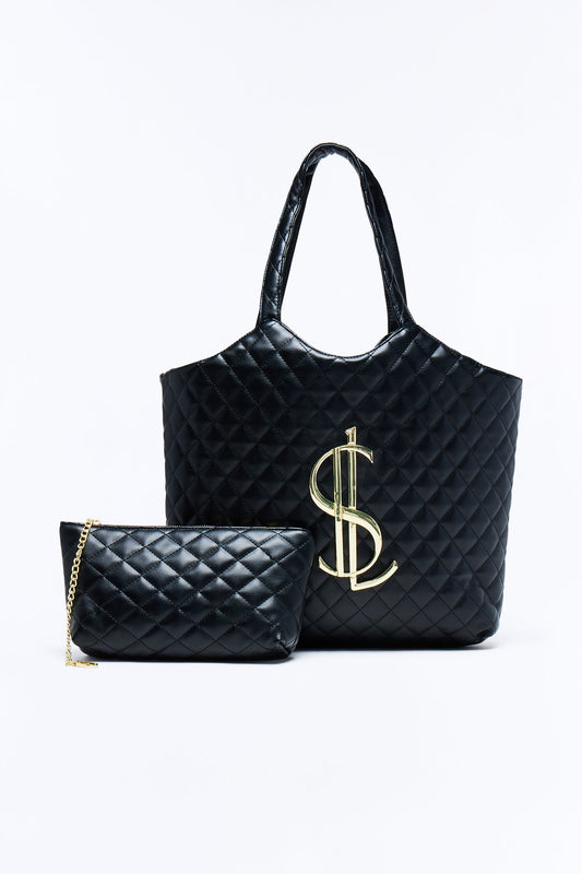 In Big Action Faux Leather Tote And Pouch - Black