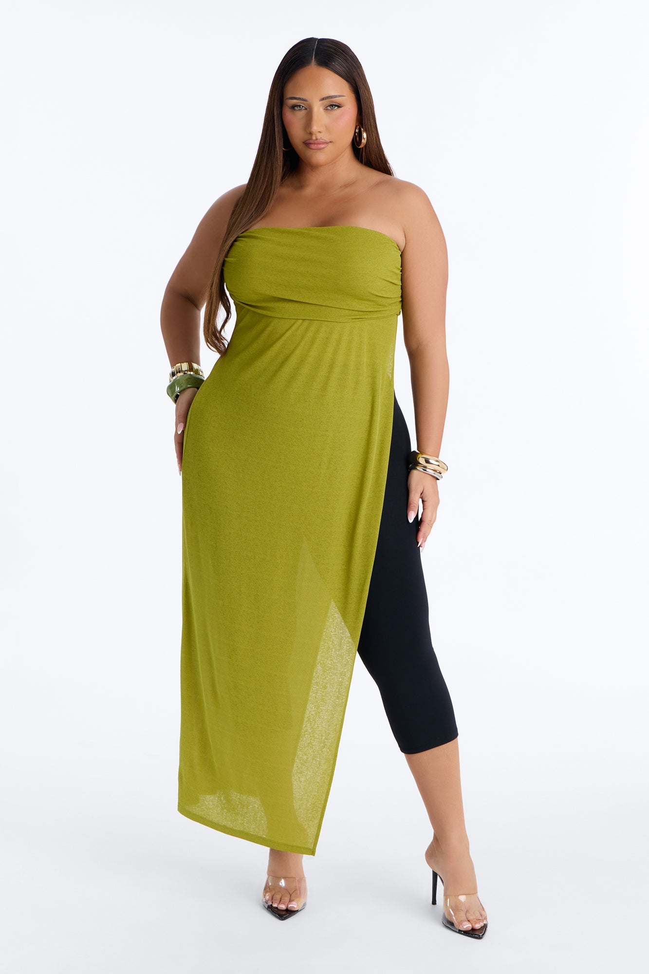 Tropical Drift Long Ruched Cut Out Tube Top - Chartreuse