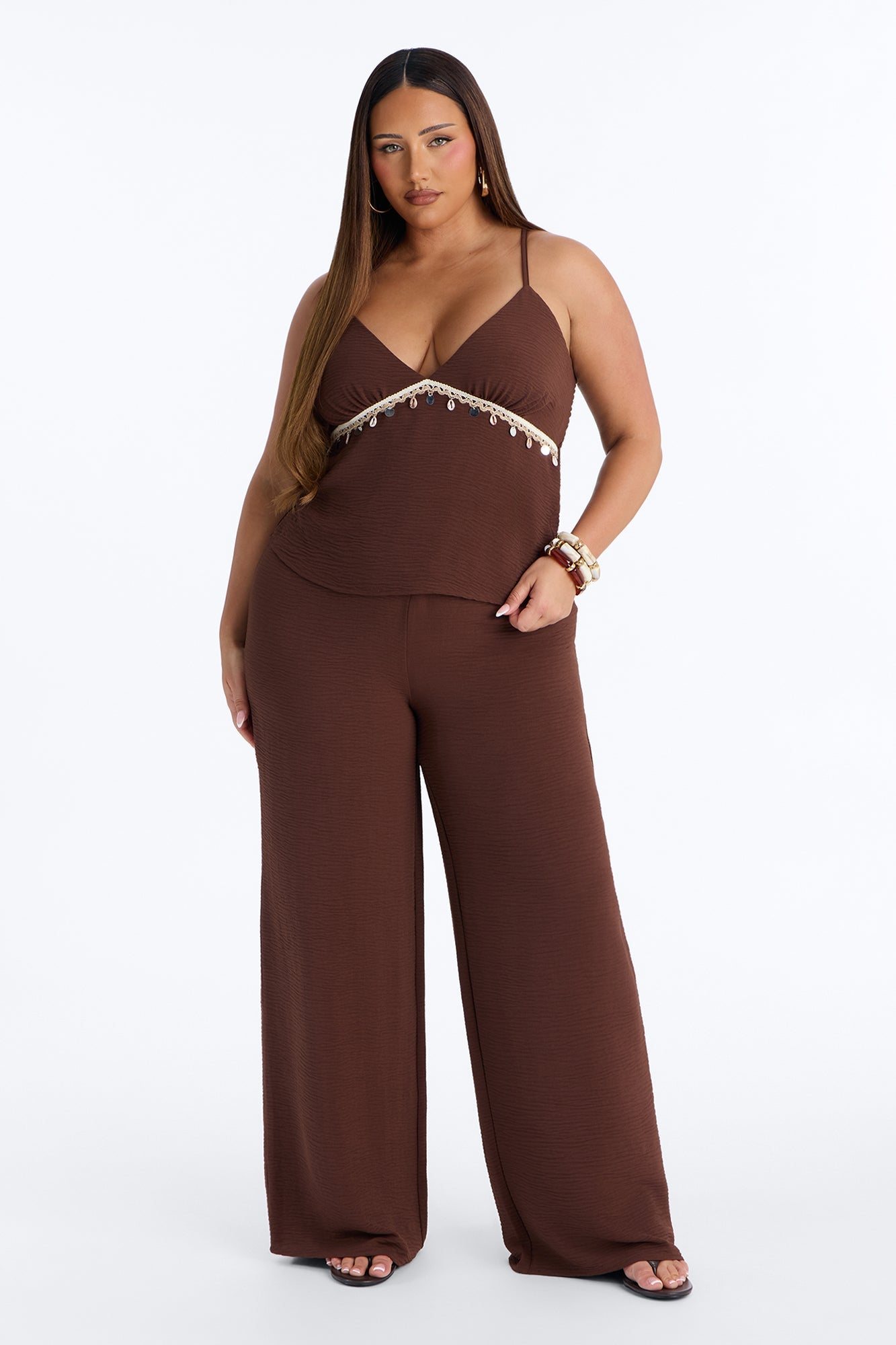 Sasha Embellished Wide Leg Pant Set - Chocolate