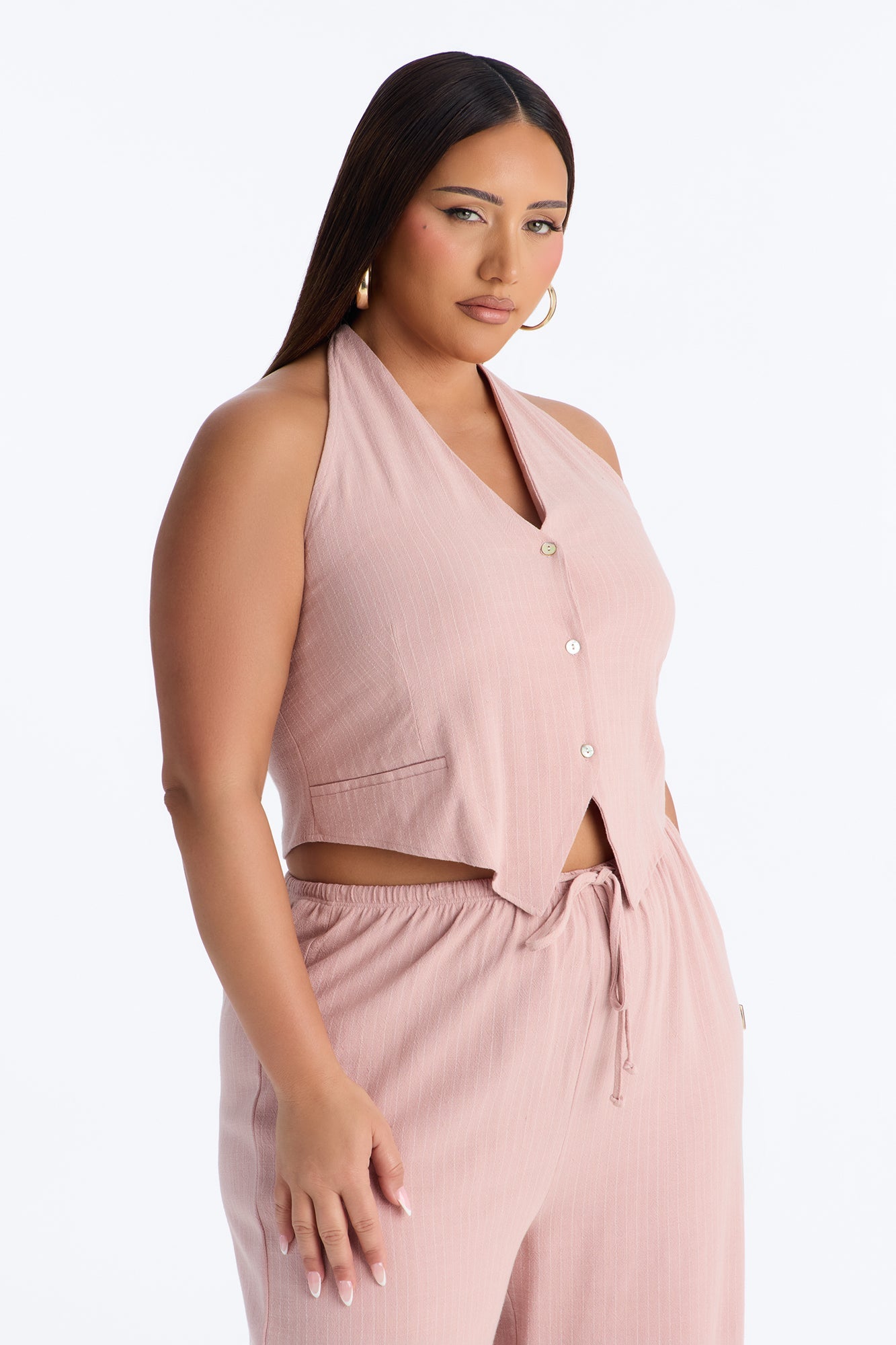 Girl Gone Wild Pinstripe Linen Halter Top - Blush
