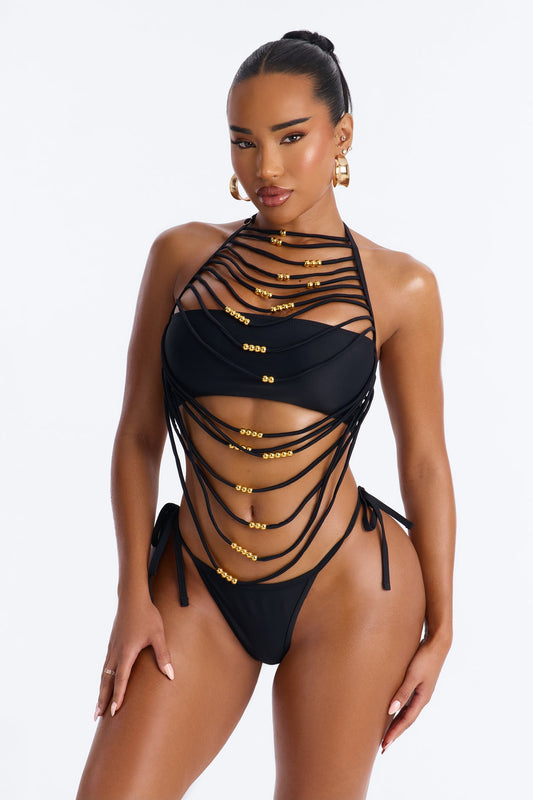 Hot Sand Energy Draped 2 Piece Beaded Bikini Set - Black