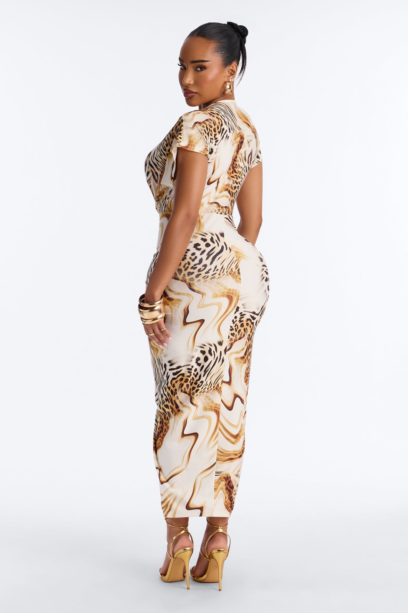 Annika Ruched Animal Print Midi Dress - Brown/combo