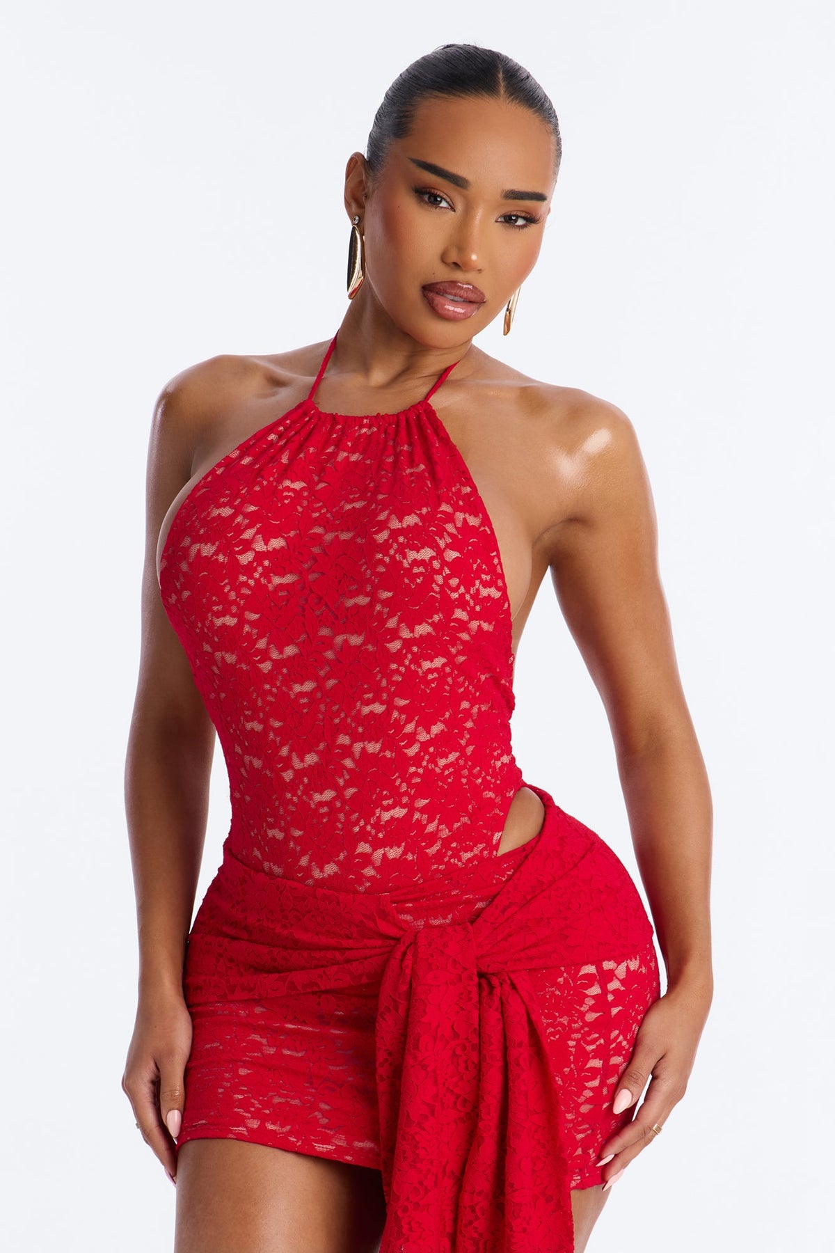 Alora Lace Bodysuit Skirt Set - Red