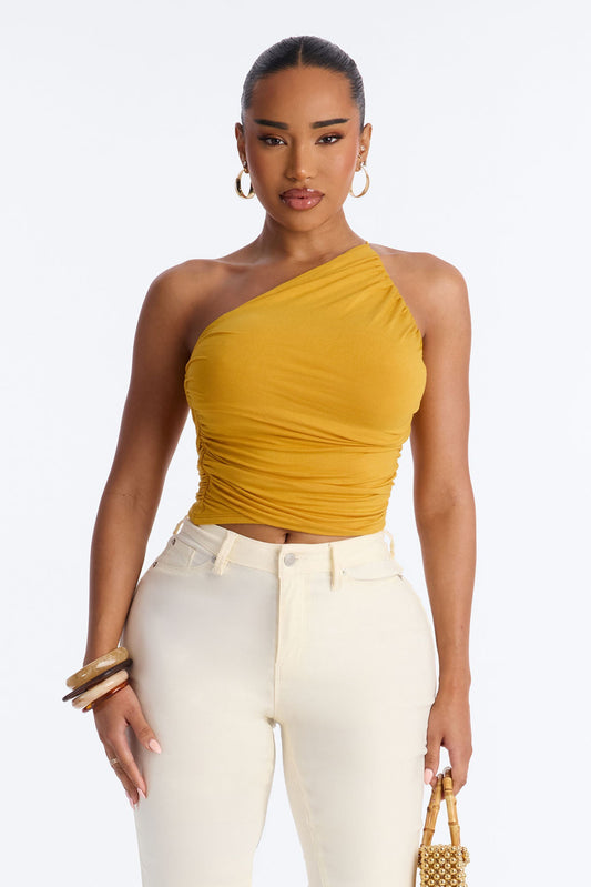 Kehlani One Shoulder Ruched Sleeveless Top - Mustard