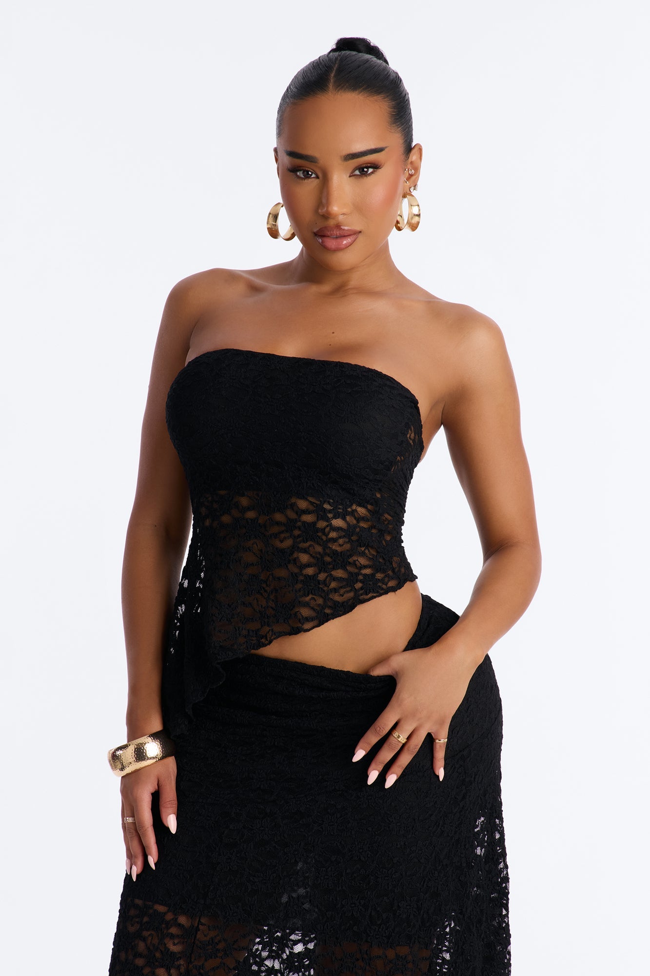 Liliana Lace Asymmetrical Skirt Set - Black