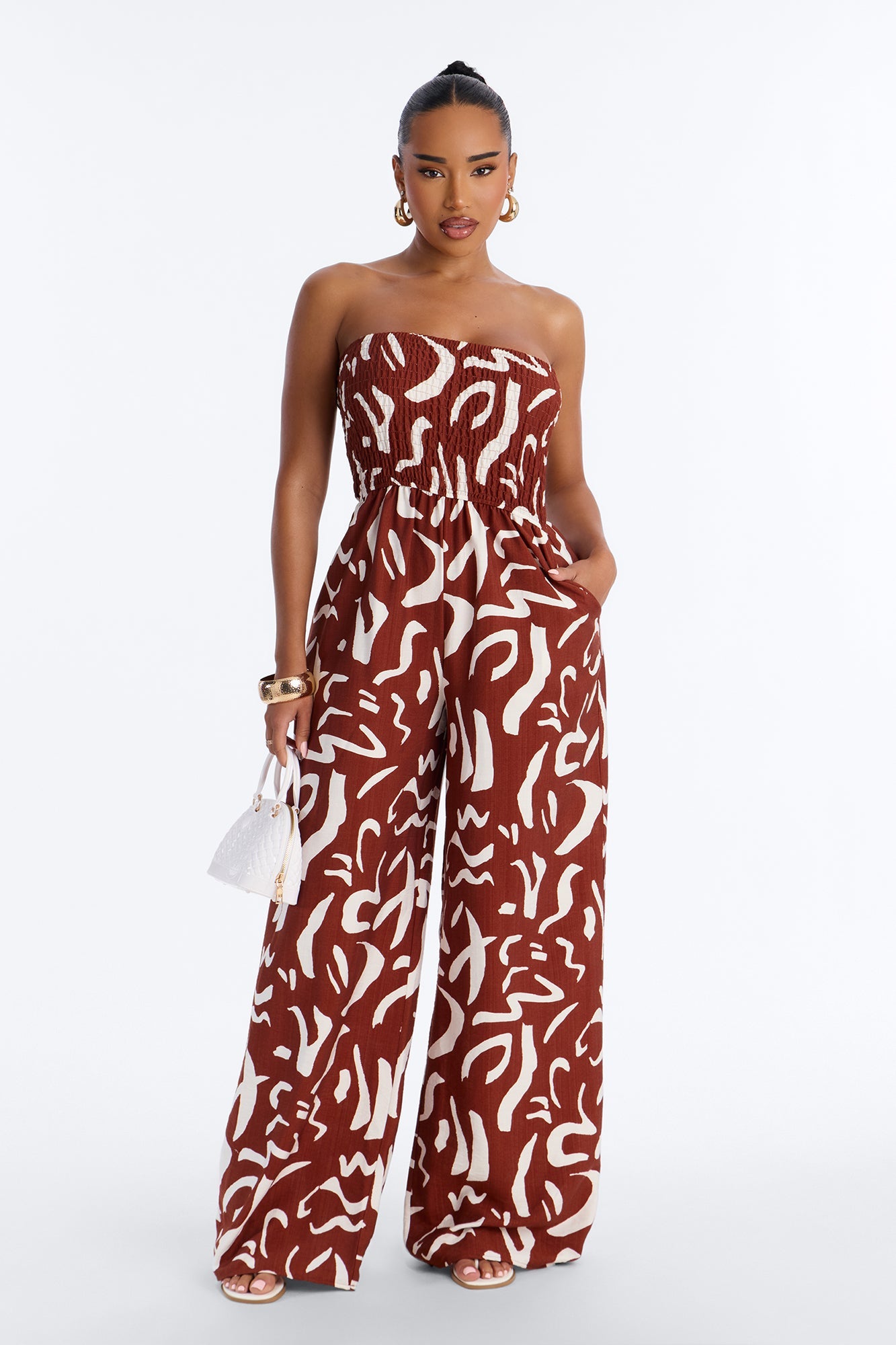 Faye Strapless Abstract Wide Leg Jumpsuit - Rust/combo