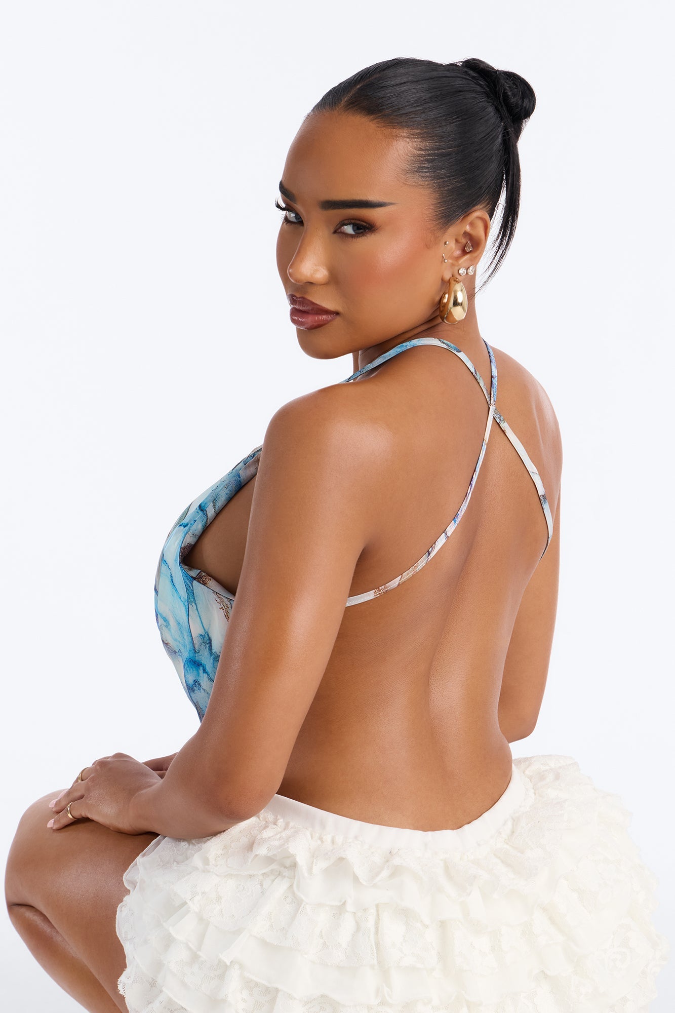 Sugar High Beaded Satin Halter Top - Blue/combo