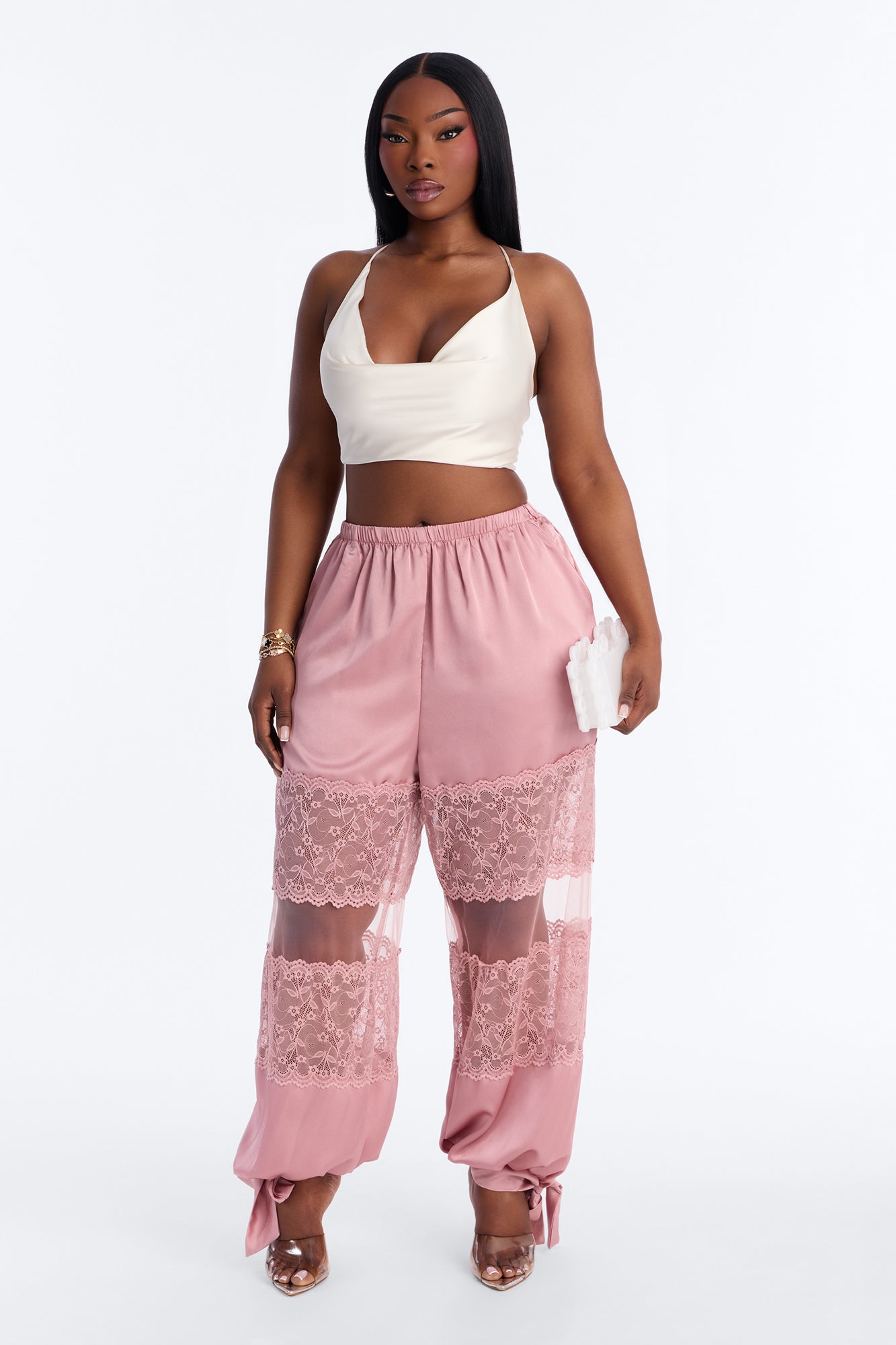 Melissa Satin Brunch Lace Trim Jogger Pant - Light Pink