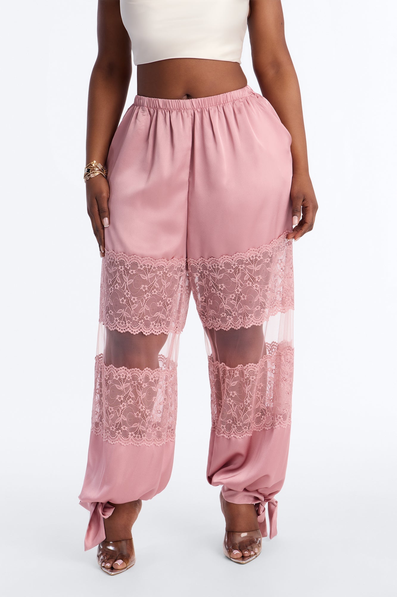 Melissa Satin Brunch Lace Trim Jogger Pant - Light Pink