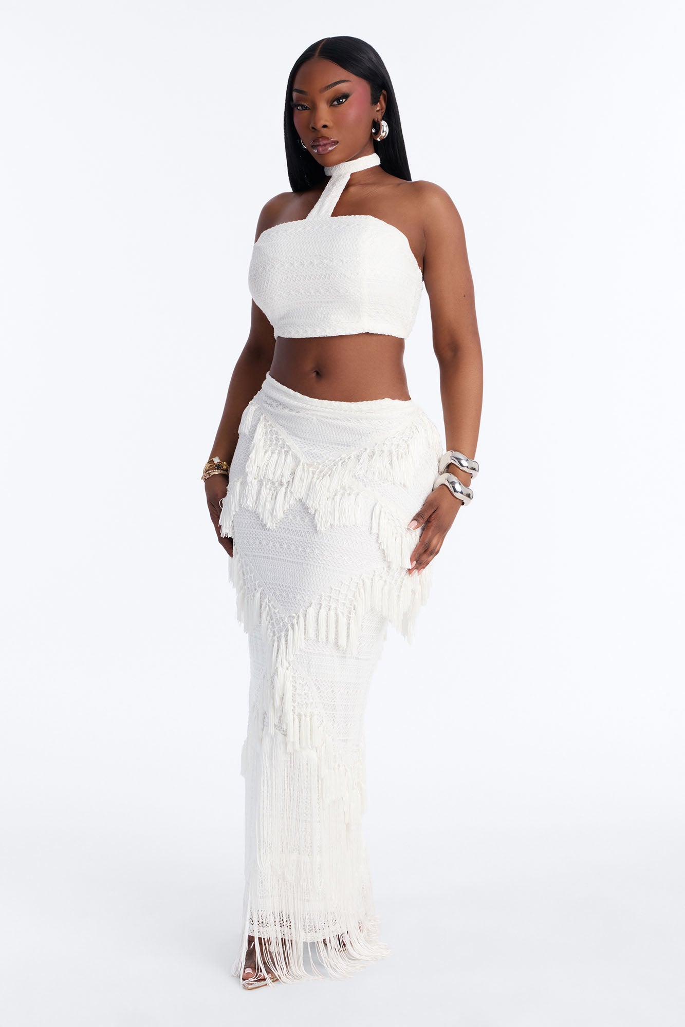 Isla Fringe Crochet Skirt Set - White