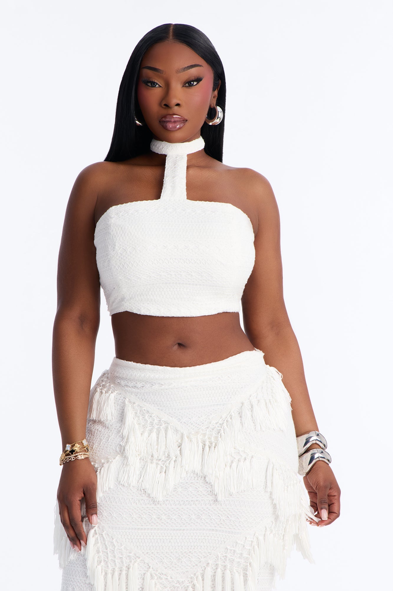 Isla Fringe Crochet Skirt Set - White