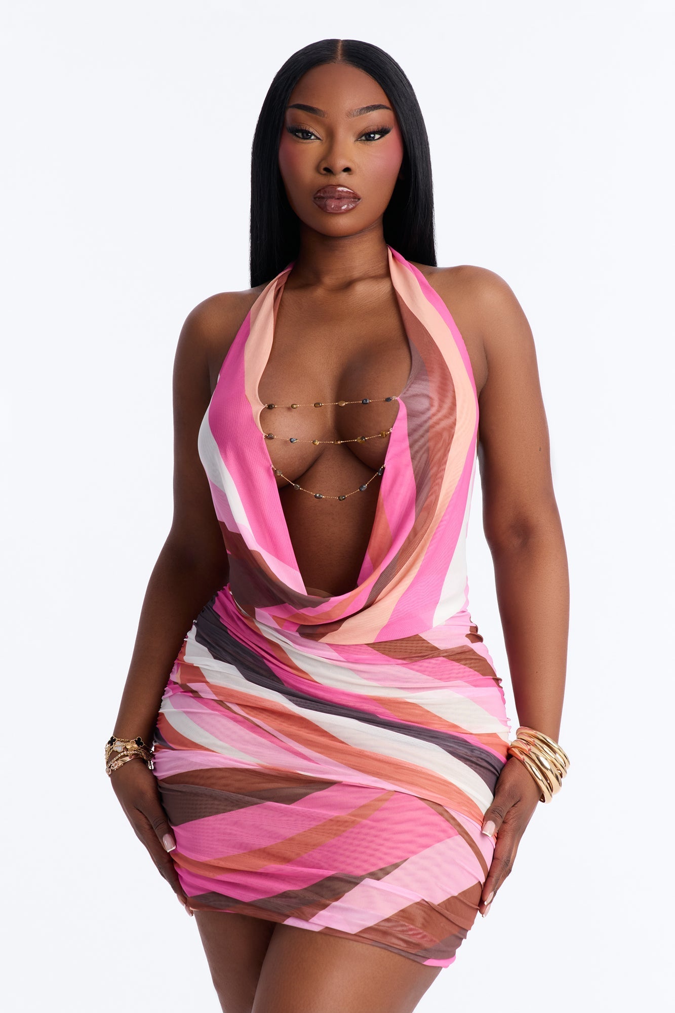 It's Giving Vacay Halter Mesh Mini Dress - Pink/combo Fashion Nova
