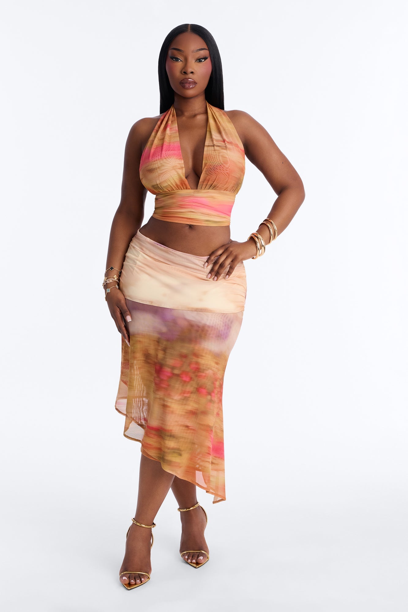 Evalie Mesh Halter Skirt Set - Mustard/combo