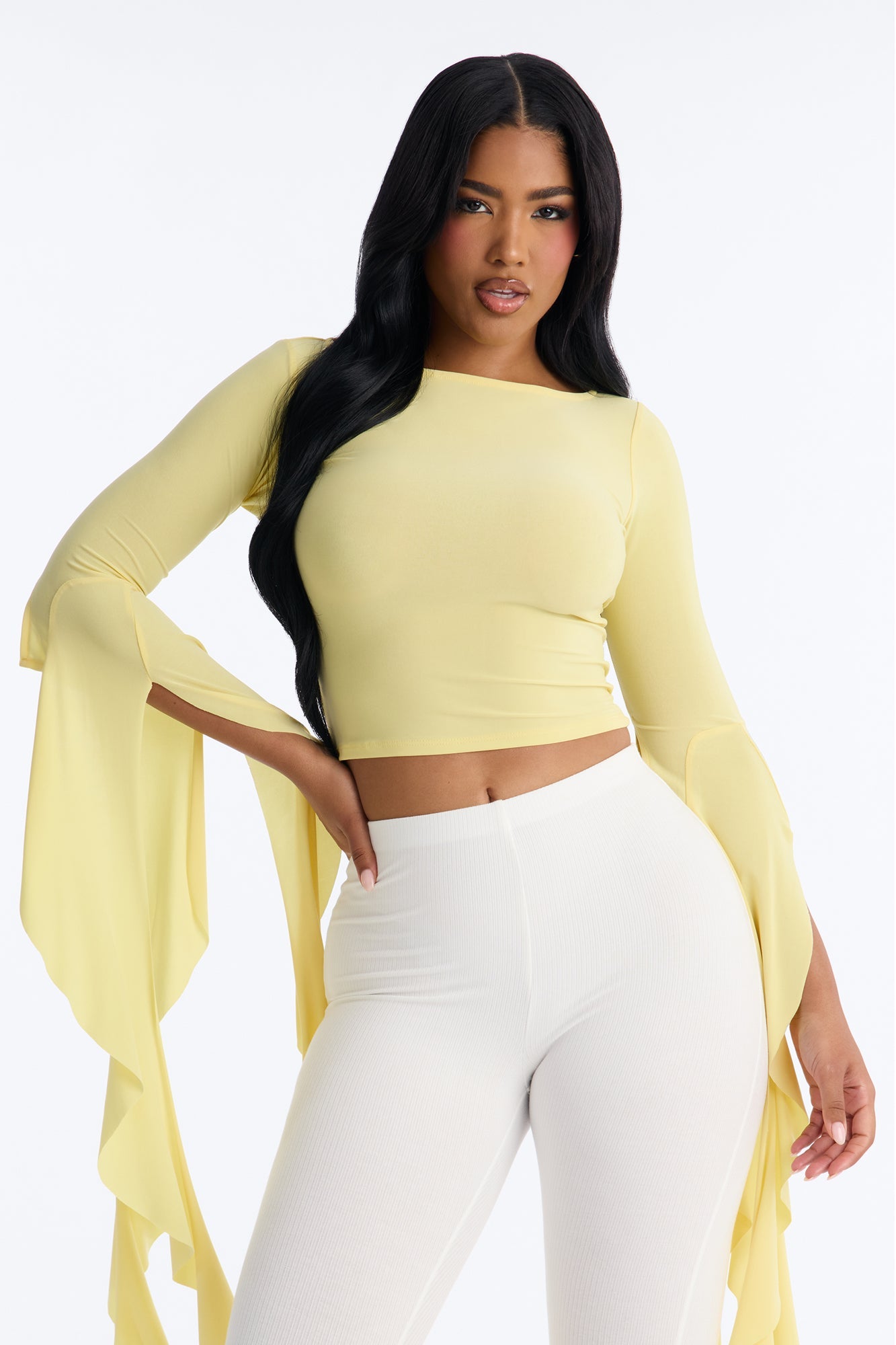 Isabella Boat Neck Ruffle Long Sleeve Top - Butter Yellow