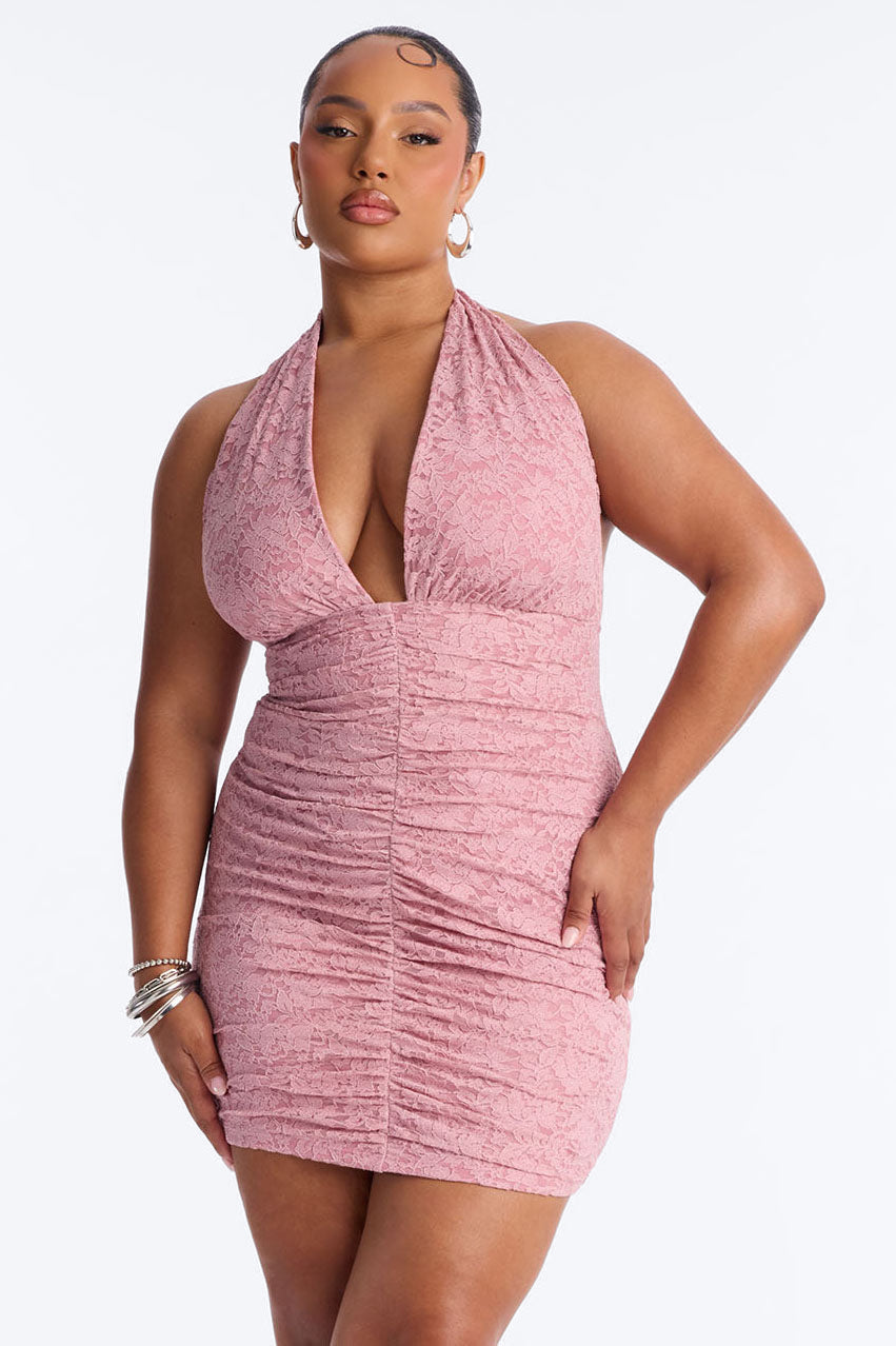 Tyra Ruched Glitter Lace Mini Dress - Mauve