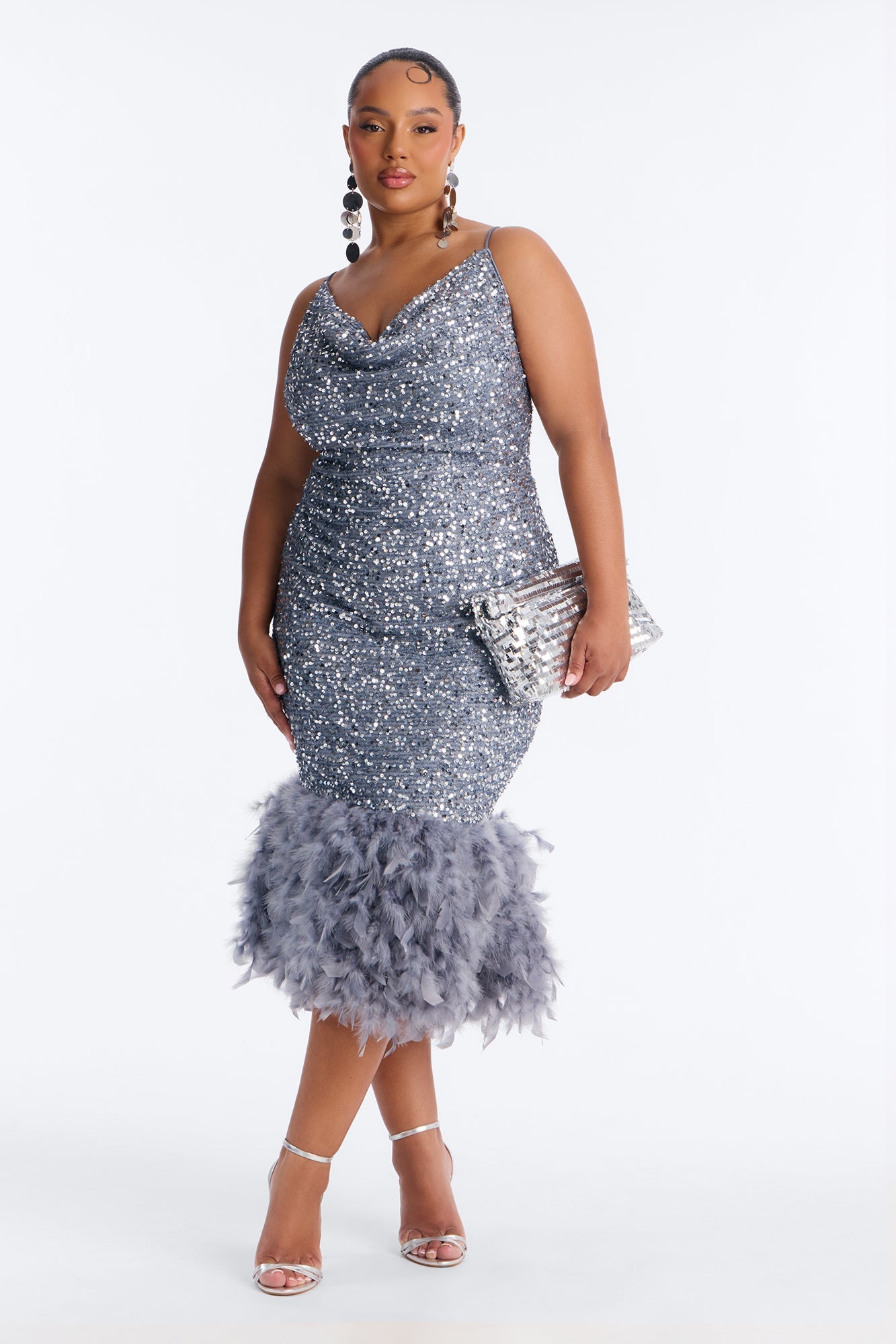 Zoey Feathered Sequin Midi Dress - Grey