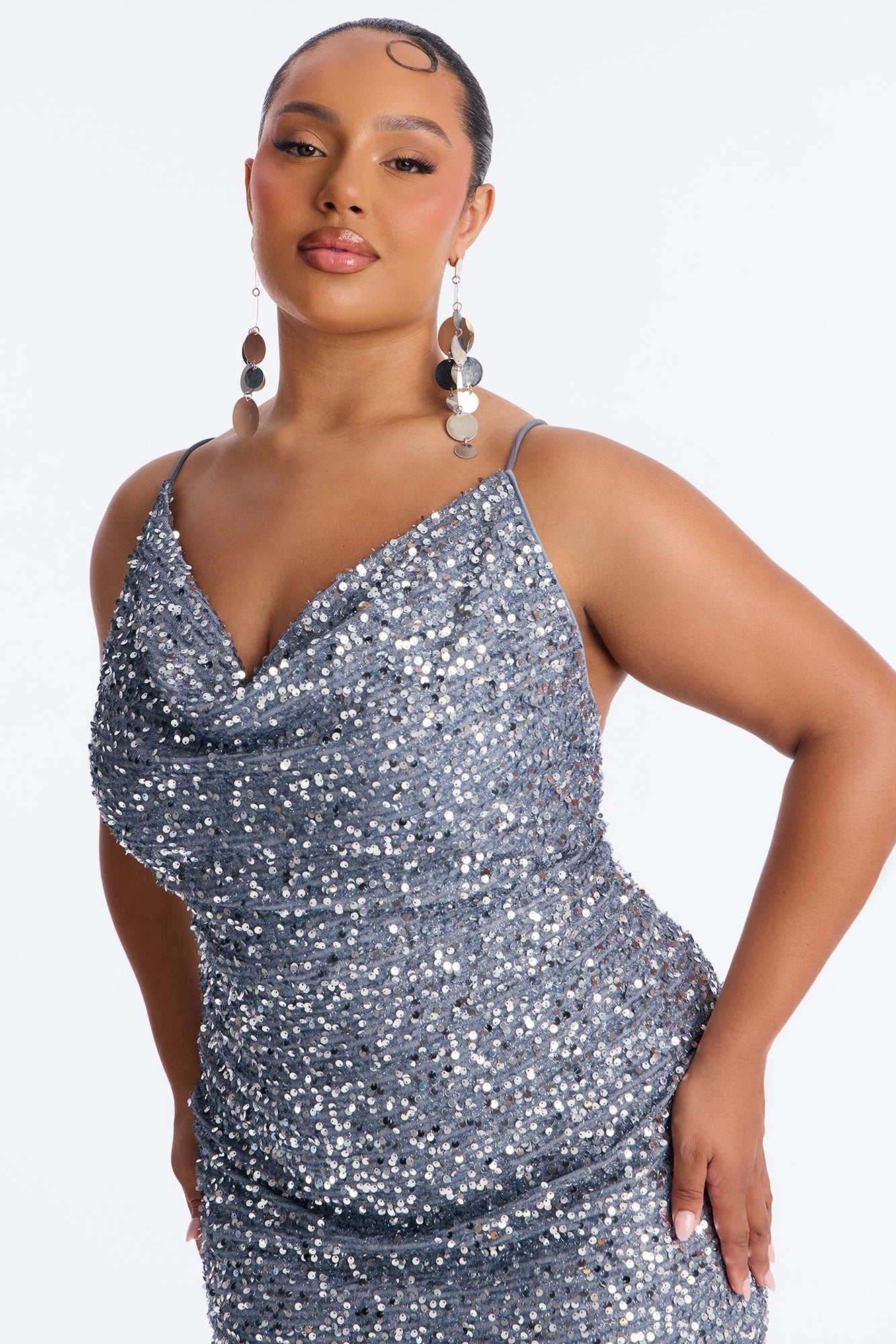 Zoey Feathered Sequin Midi Dress - Grey