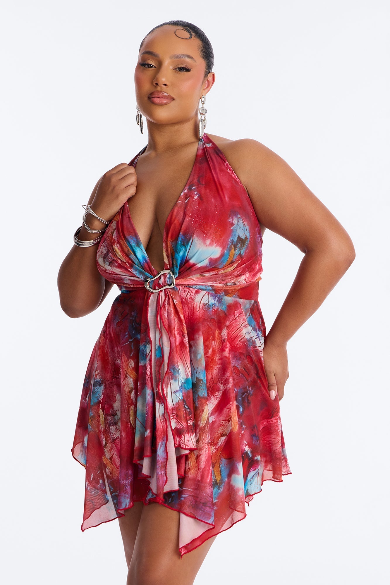 Elisa Halter Mesh Mini Dress - Red/combo Fashion Nova