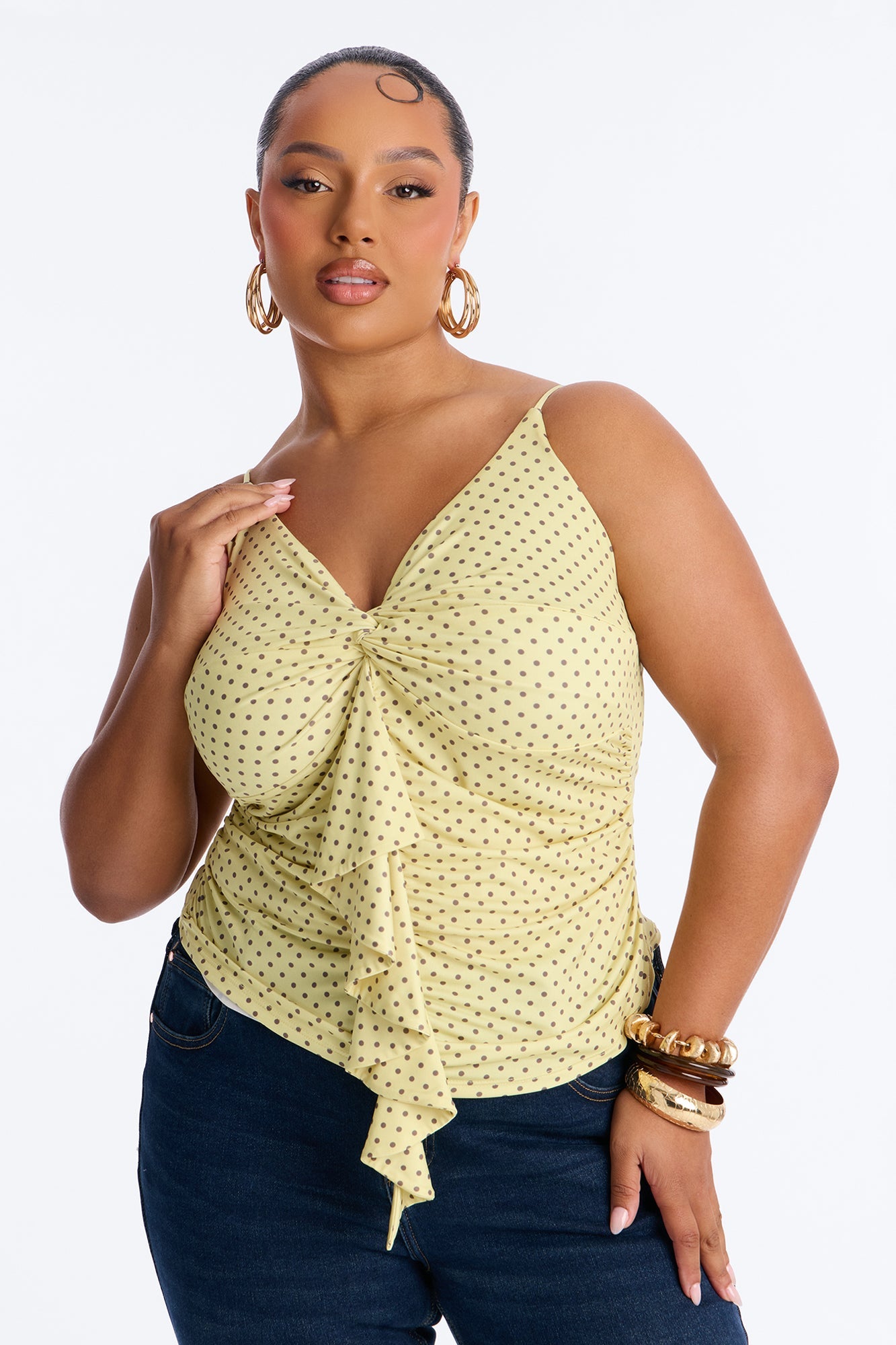 Sunny Polka Dot Ruffle Twist Tank Top - Yellow/combo