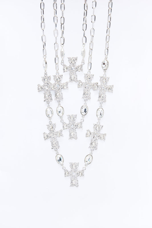 Covered In Crosses Layered Necklace - Silver