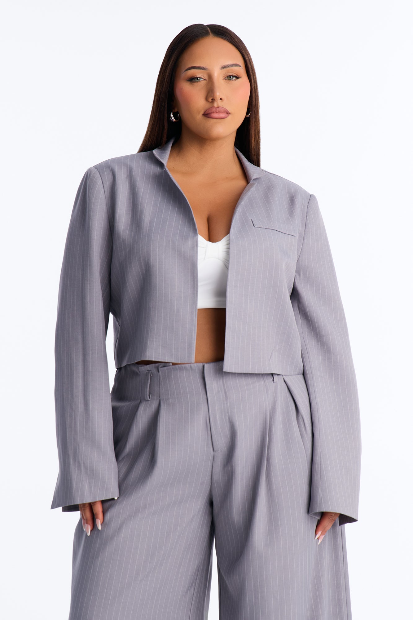 Ahmeira Cropped Pinstripe Blazer - Grey/combo Fashion Nova