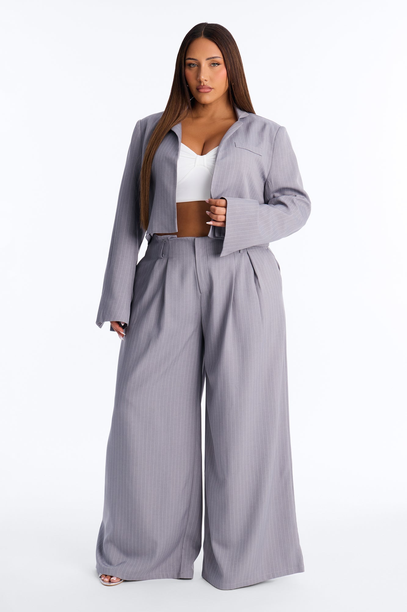 Ahmeira Pinstripe Wide Leg Trouser Pant - Grey/combo Fashion Nova