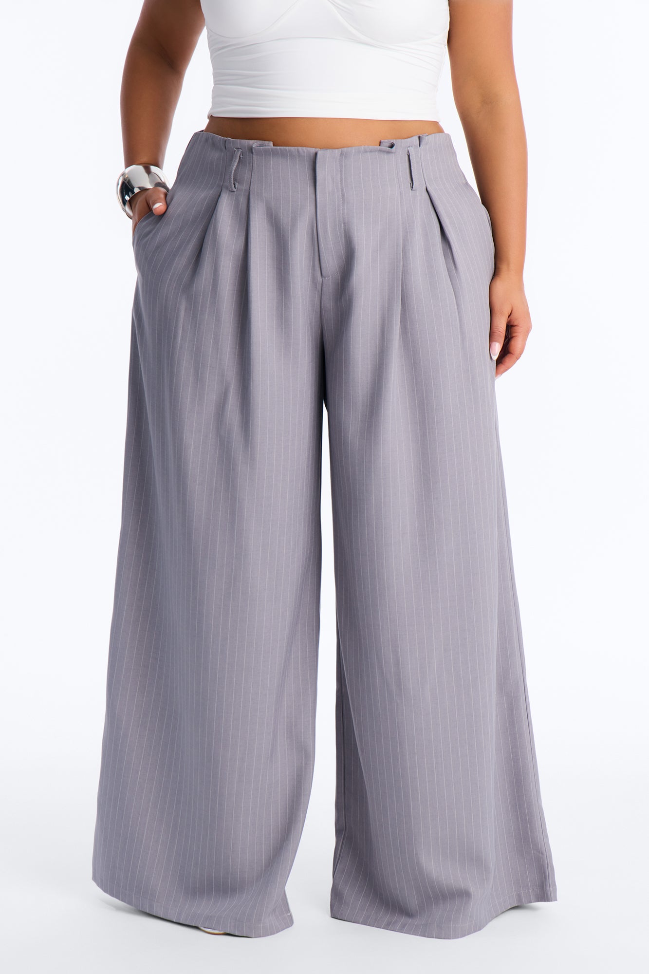 Ahmeira Pinstripe Wide Leg Trouser Pant - Grey/combo Fashion Nova