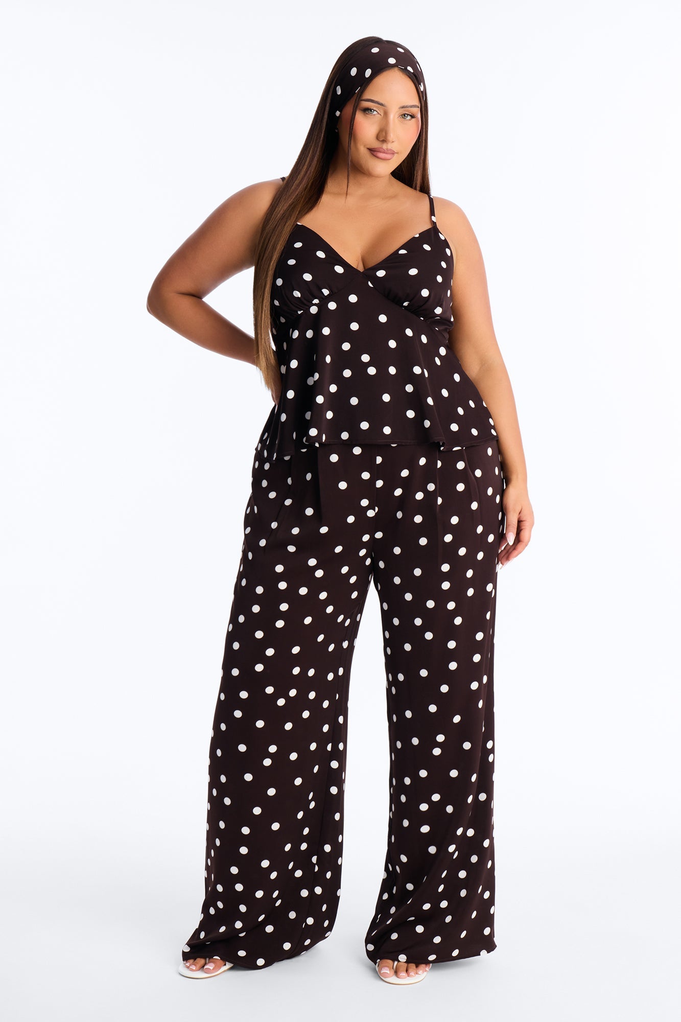 Monique Satin Polka Dot 3 Piece Pant Set - Brown Combo